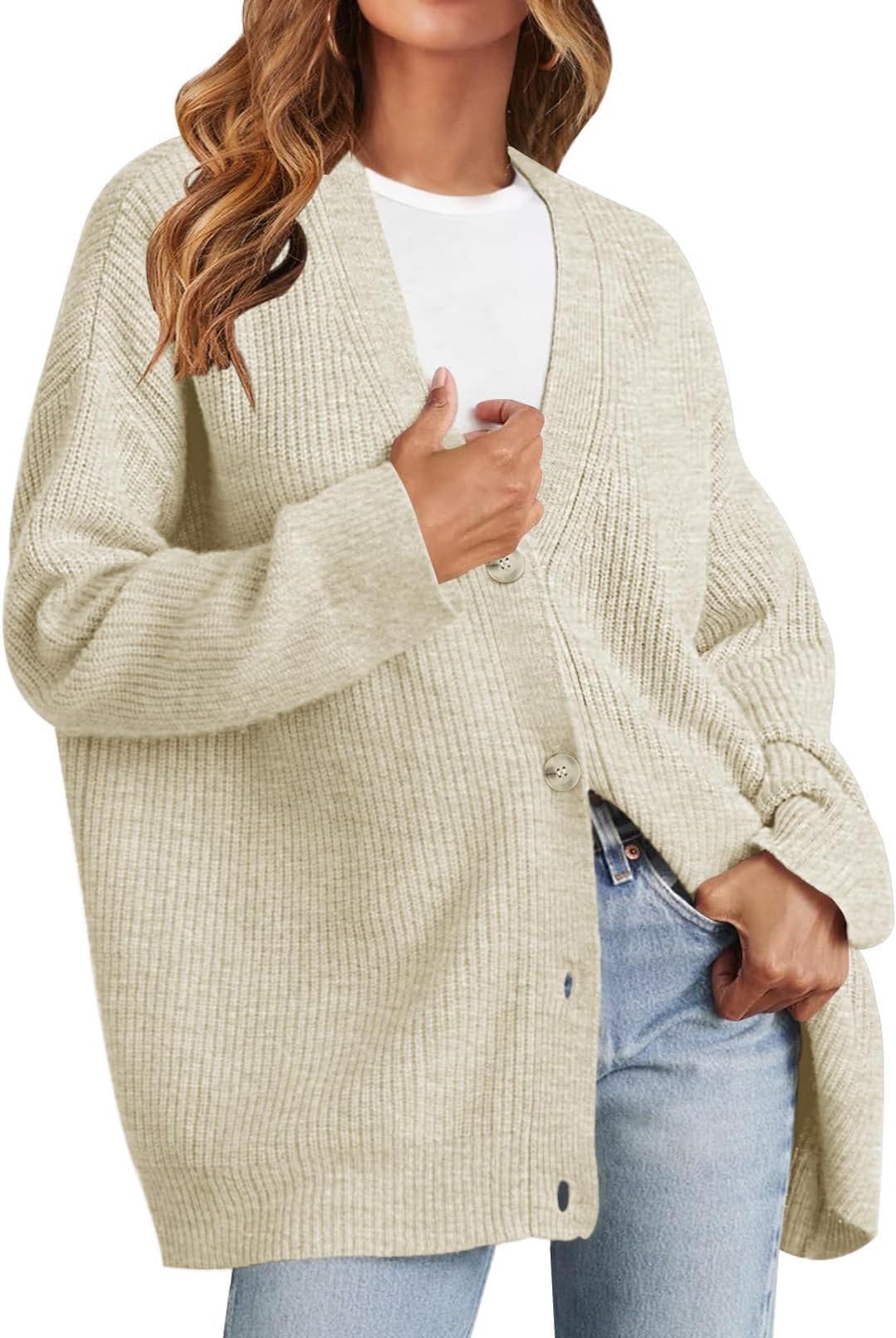 MEROKEETY Women's Cardigan Sweaters 2025 Fall Open Front Oversized Button V Neck Loose Soft Knit Outwear
