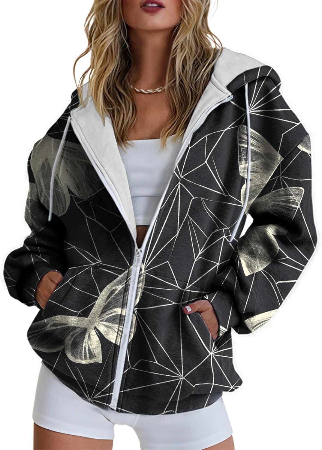 Hoodies for Women Print Oversized Full Zip Hoodie with Pockets Retro Graphic Women's Sweatshirt Long Sleeve Trendy