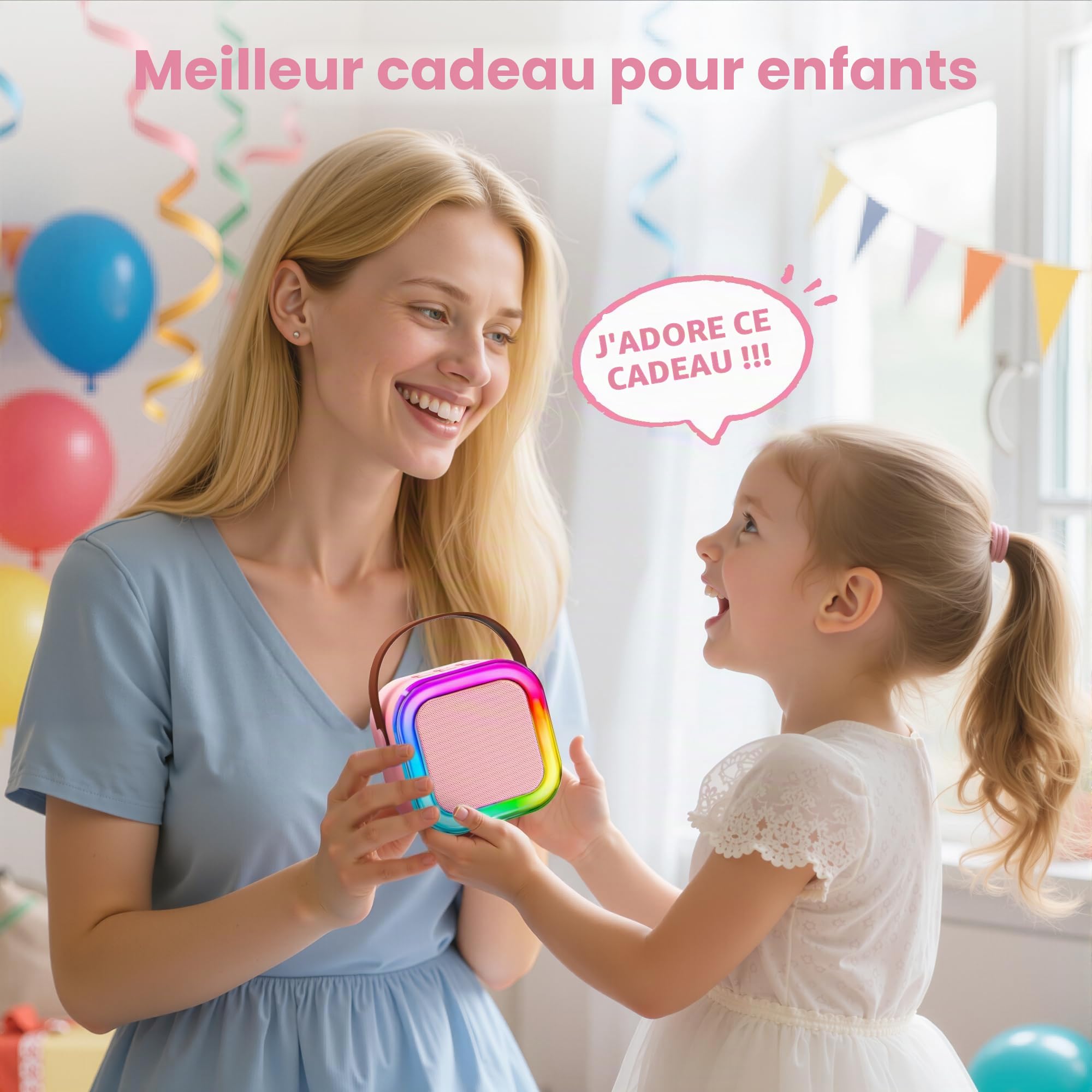 Micro Karaoke Enfant IROO Karaoke Enfant avec 2 Microphones, Microphone pour Filles Cadeaux pour Enfants Enceinte Bluetooth Portable avec Effets de Changeur de Voix et Lumières LED (Rose)