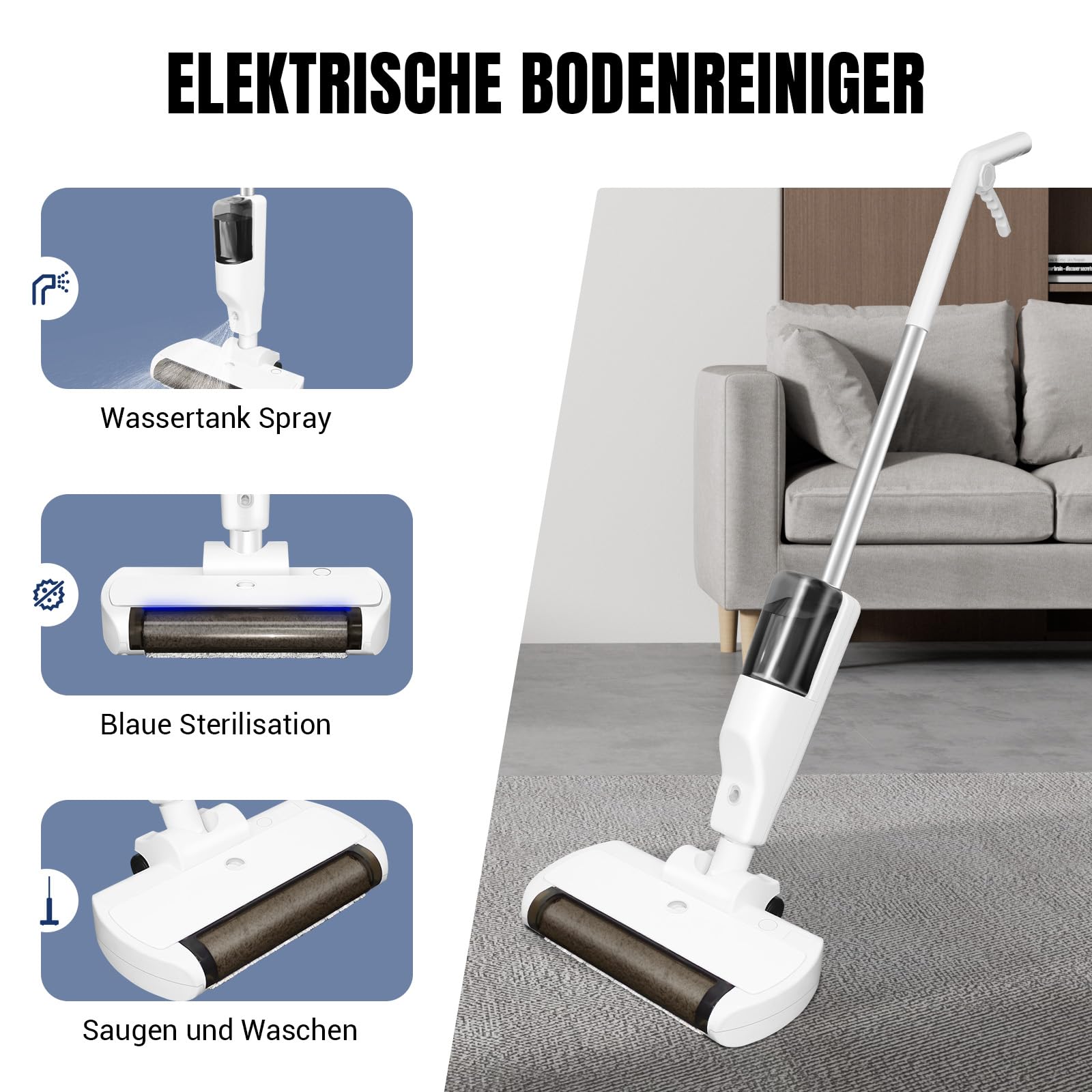 Kabelloser Elektrischer Wischmopp, 9600 U/min Rotierende Mikrofaser-Bürste, 550 ml Wassertank, 500 ml Staubbehälter, Blaue LED-Keimtötung, Sprühfunktion, Leicht (1,68 kg) für Hartböden, Fliesen, Lamin
