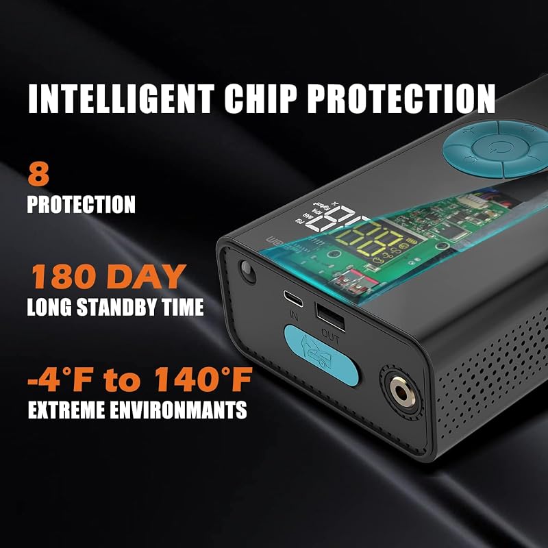 Lenercom 1500A Autós Bikázó Powerbank Beépített 150 PSI Digitális Kompresszorral - 12V Indításrásegítő QC3.0 Gyorstöltéssel, 4 az 1-ben Akku