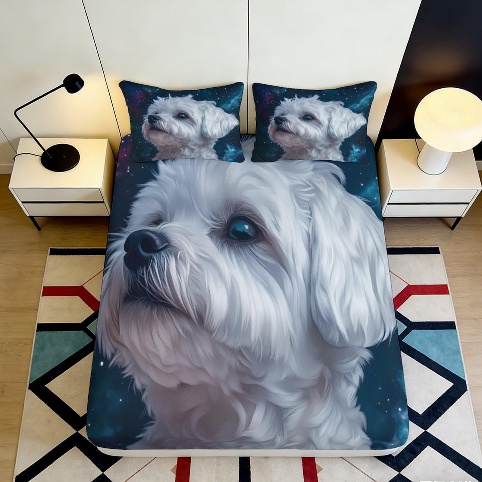 3D Printed White Dog Portrait Fitted Sheet Microfiber Soft Anti-Slip Bed Cover for Bedroom Guestroom Decor 90x200x25cm