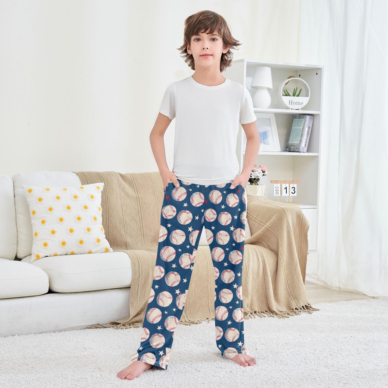 Pantalon de pyjama pour garçon motif baseball doux et confortable avec 2 poches