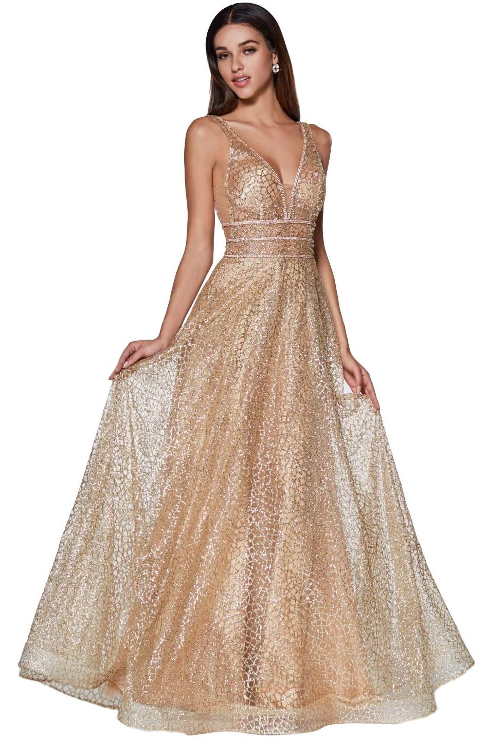 MeierWomen's Glitter Tulle Double V-Neck A-Line Prom Formal Gown