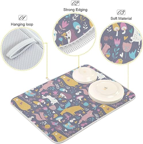 Miniatura 4 de Cute Forest Animals Drying Dish Mat Washnable Absorbent Dish Draining Mat For Kitchen Counter Dish Drainer Pads Tapete Para Cocina 16'' x 18''