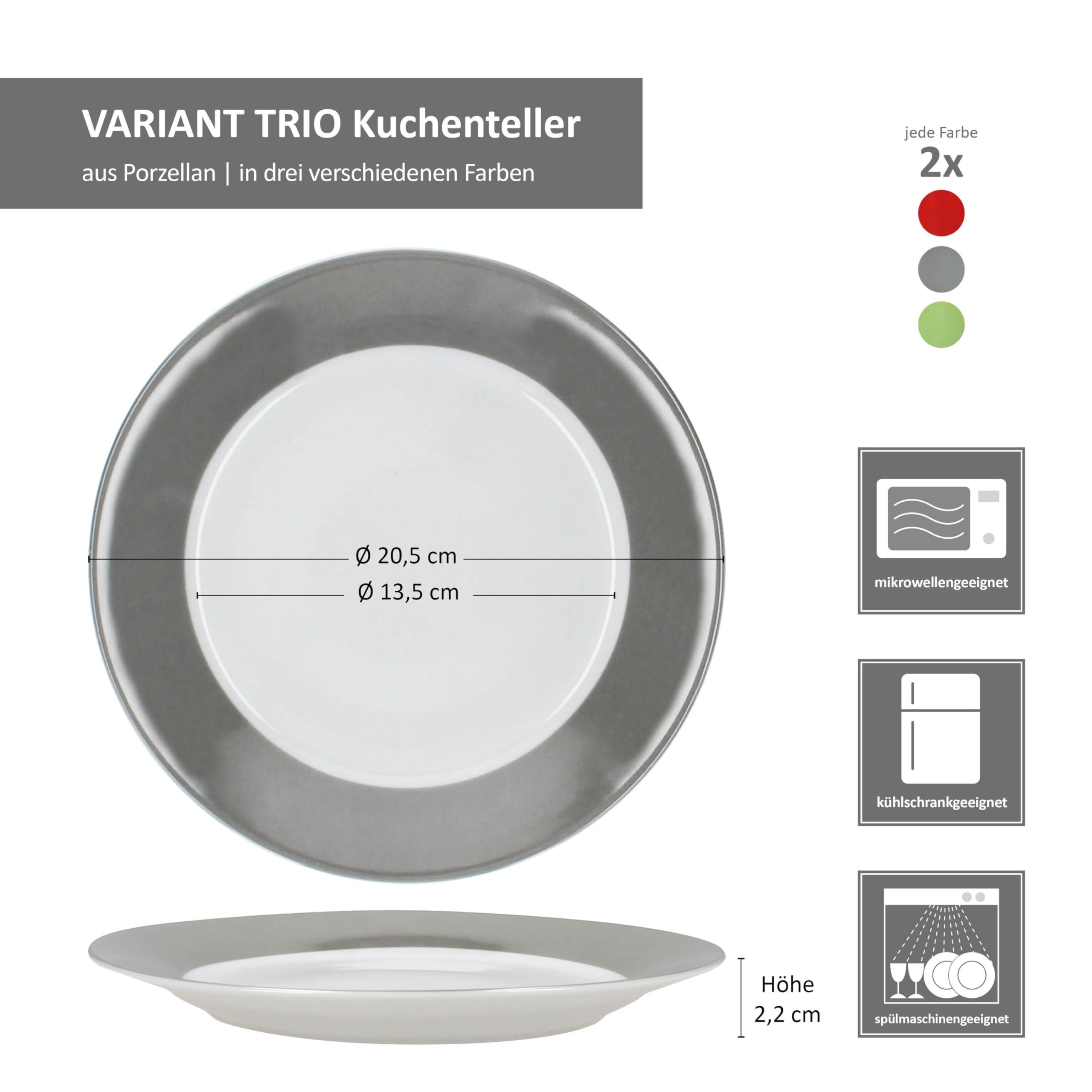 MamboCat 6er Set Variant Trio Kuchenteller I farbige Porzellan-Frühstücksteller für 6 Personen in Grün, Rot & Grau I kleine Teller für Salat, Dessert beim Frühstück, Mittag, Kaffee & Abendbrot