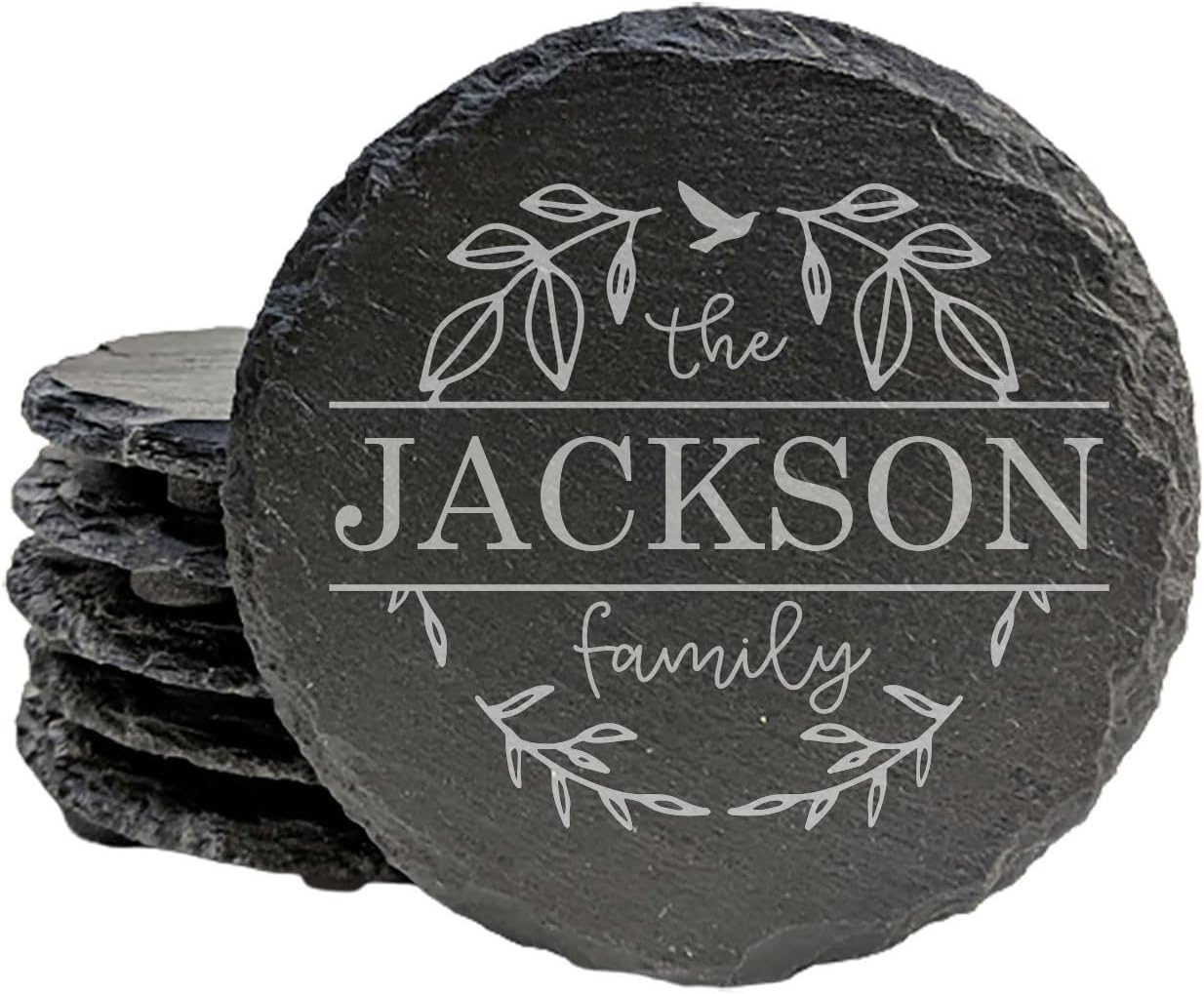 Personalized Monogram Family Coasters, Natural Stone Set, Birthday, Wedding, Customized, Rustic - Round Slate - Set of 6