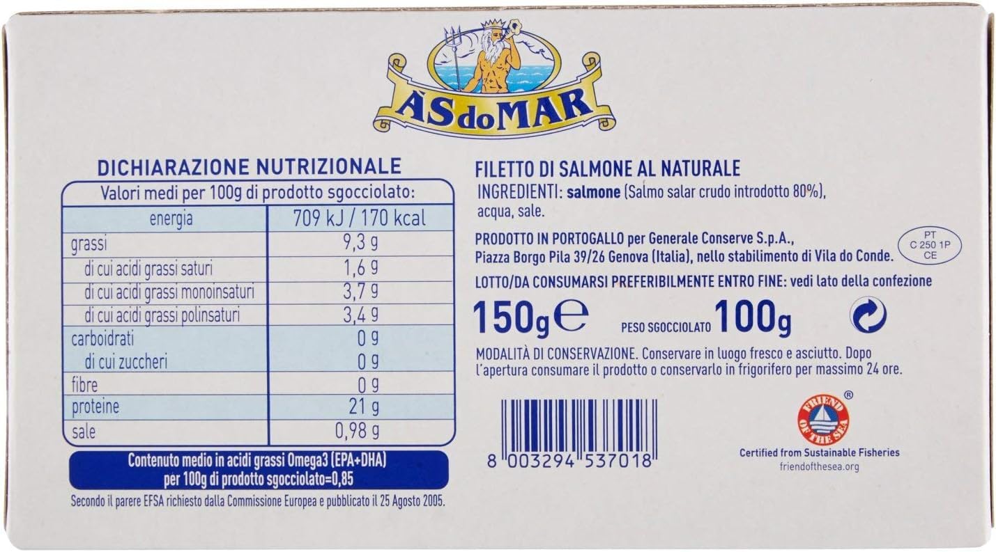 6x AS do MAR Filetto di Salmone al Naurale,Natürliches Lachsfilet,Reich an Omega 3,Dose 150g + Italian Gourmet Polpa di Pomodoro 400g Dose