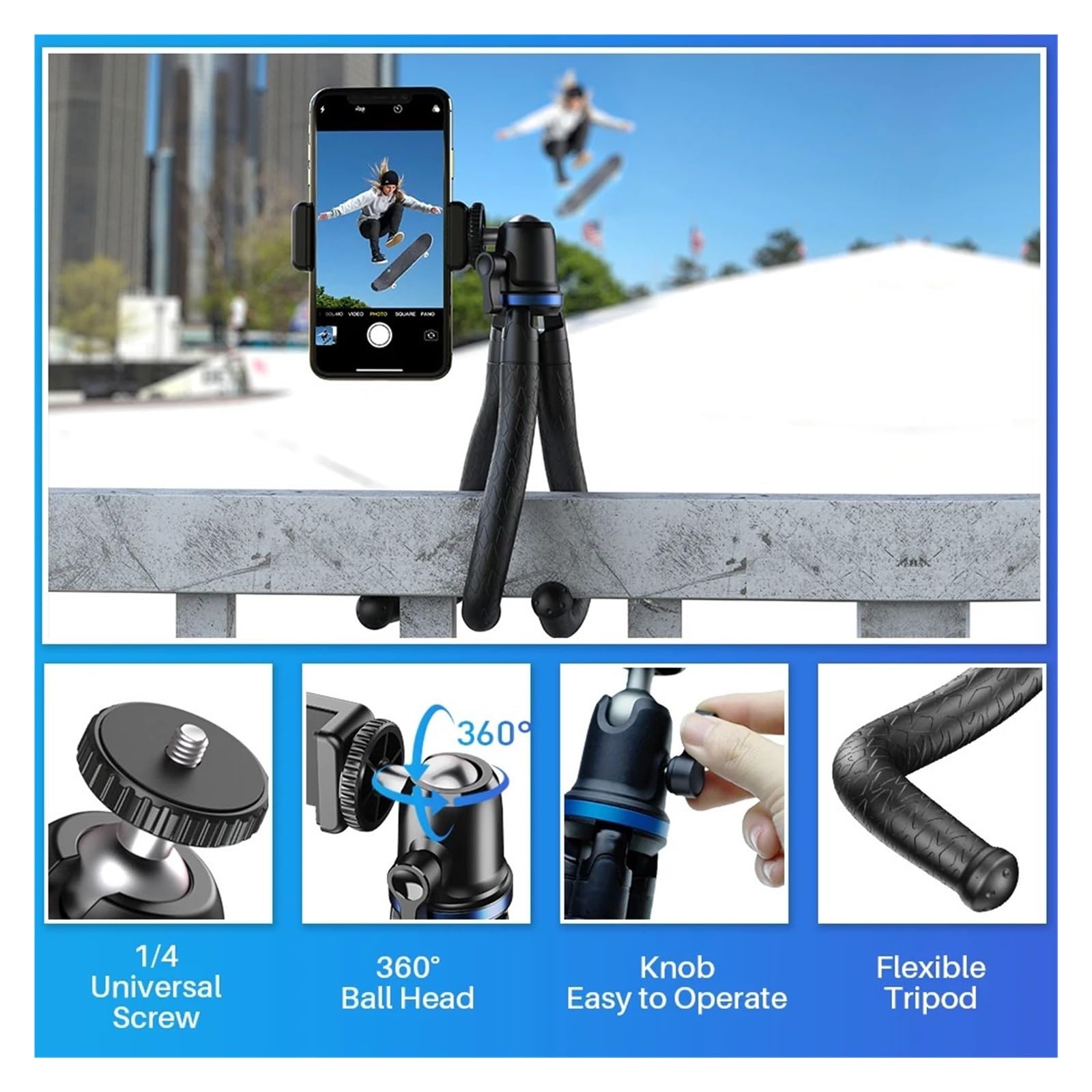 Clip porta telefono treppiede flessibile Octopus JJ10 | Girevole a 360 gradi, supporta smartphone, reflex, dispositivi con fotocamera DSLR(Tripod with remote)