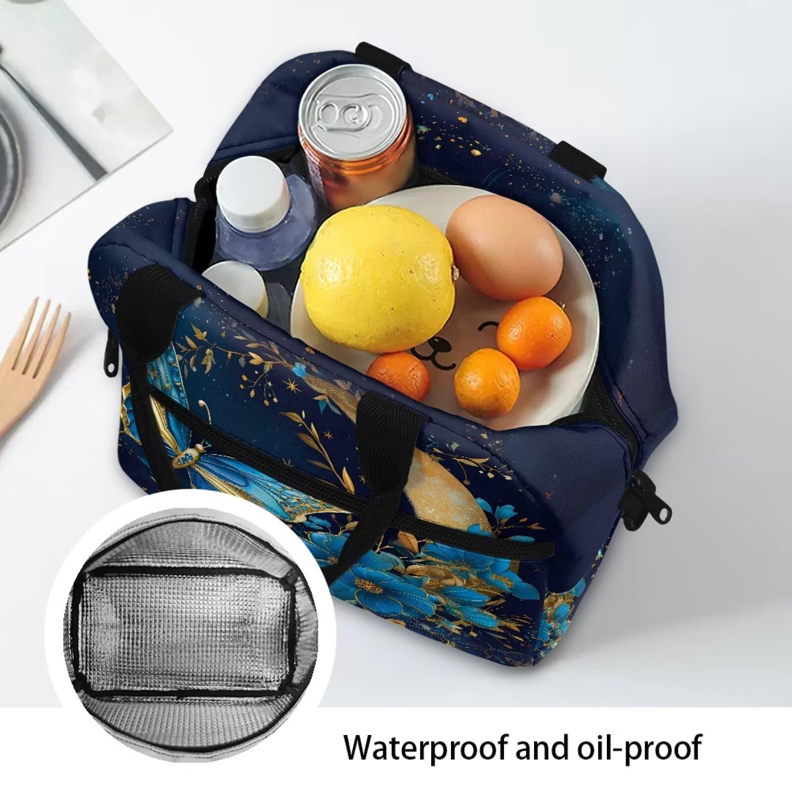 Lindas bolsas de almuerzo con diseño de mariposa azul para adolescentes y niñas, lonchera pequeña aislada para mujer, con correa y cremallera, bolsa de almuerzo reutilizable para el trabajo
