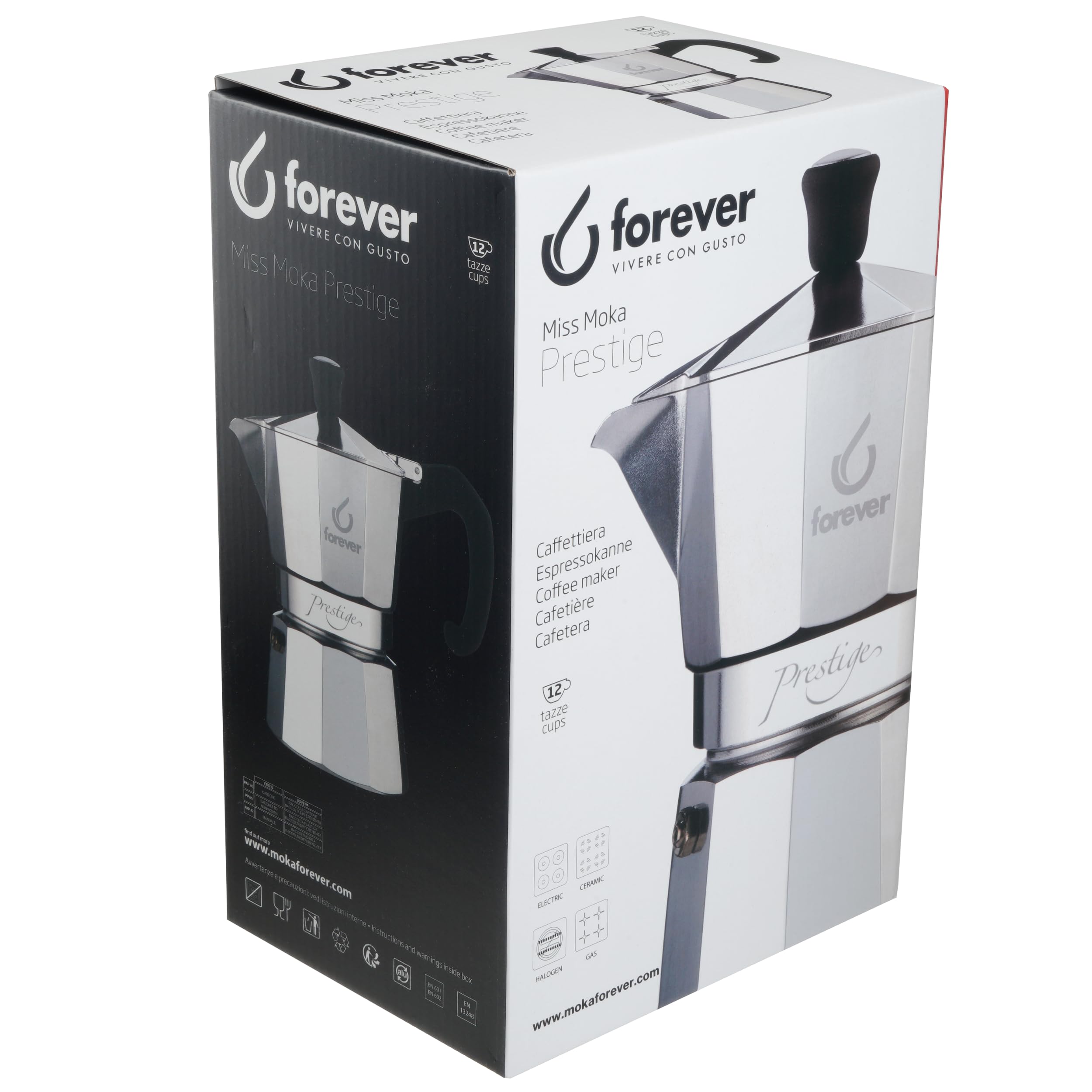 FOREVER Miss Moka Prestige 12 tazas | Cafetera Moka de aluminio | Máquina tradicional para casa, camping y exterior | Con junta de silicona higiénica de alta resistencia
