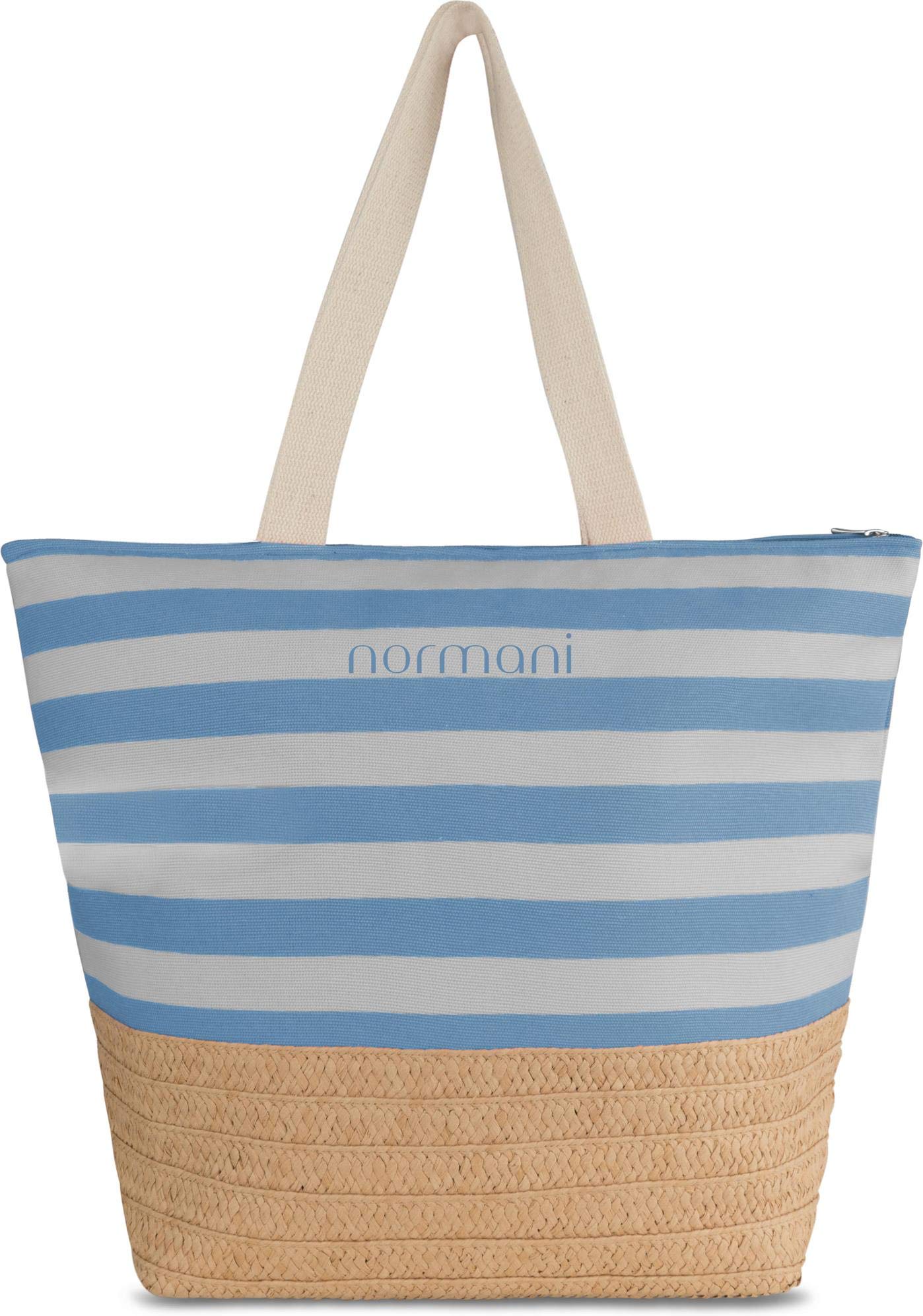 normani XXL Strandtasche mit Reißverschluss, Henkeln und Innentasche - Shopper groß - Damen Schultertasche beach bag gestreift- große Tasche mit Stroh 23 Liter Farbe Blue