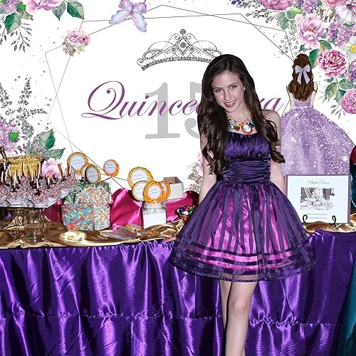 Miniatura 5 de Telón de fondo de cumpleaños de quinceañera con flores moradas y mariposas para cumpleaños de 15 años, fondo de fotografía para niñas, decoración de