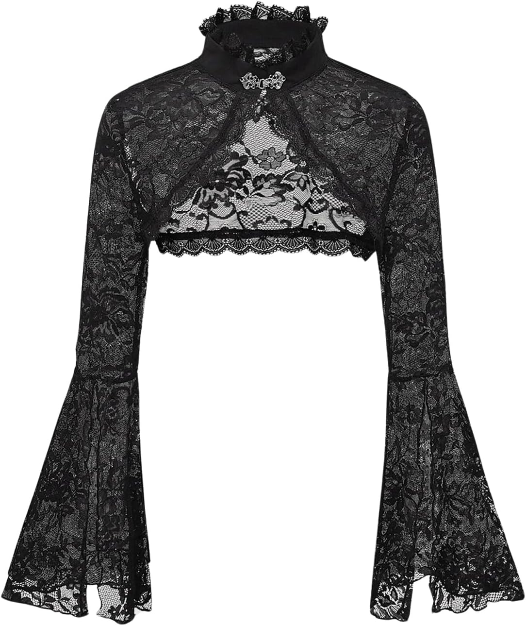 OYOANGLE Women's Floral Lace Mesh Bell Sleeve Shrug Bolero Open Front Stand Collar Goth Crop Tops