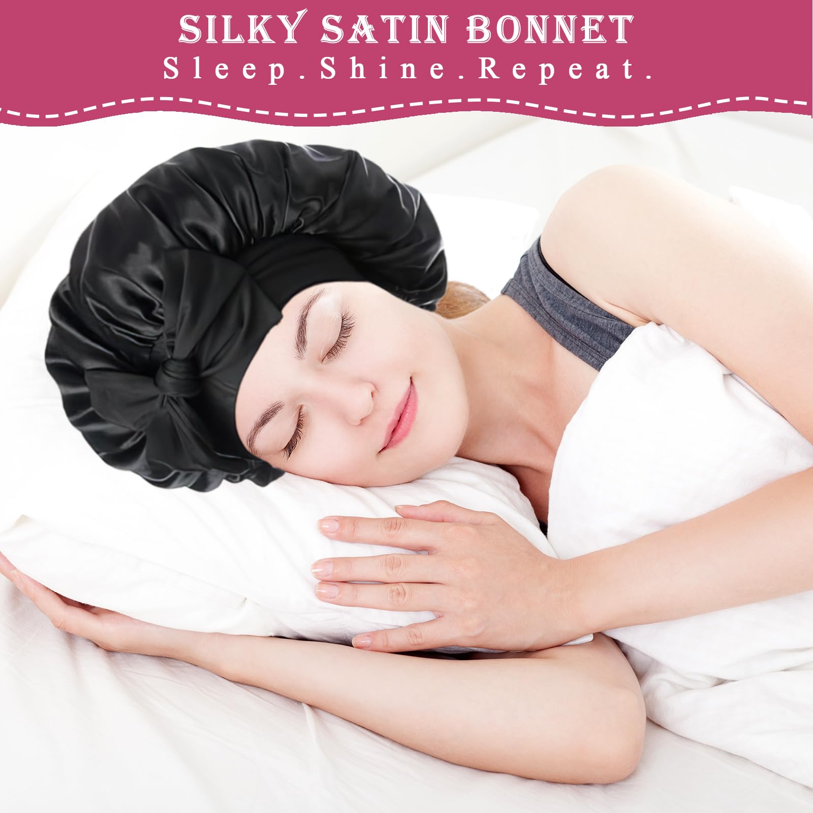 Loomify 2 Pezzi Cuffia Seta Capelli Notte, Bonnets Seta per Capelli Ricci, Cuffia Capelli Ricci Notte per Dormire, Cuffie di Seta con Laccetti per Donna Ragazza (Nero/Rosa)