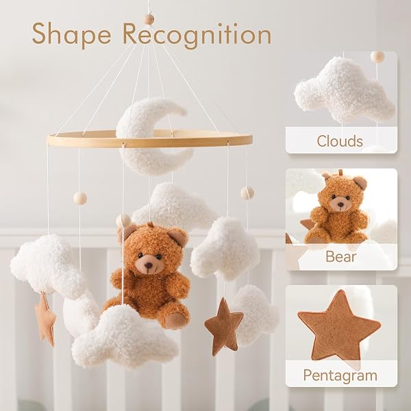 Promise Babe Baby Mobile Bébé Lit Support Bois Bébé Lit Support Table à langerBaby Boîte à musique Nuages Blancs Lune Nuages Blancs Lune Ours Brun Pendentif Mobile Chambre - 4