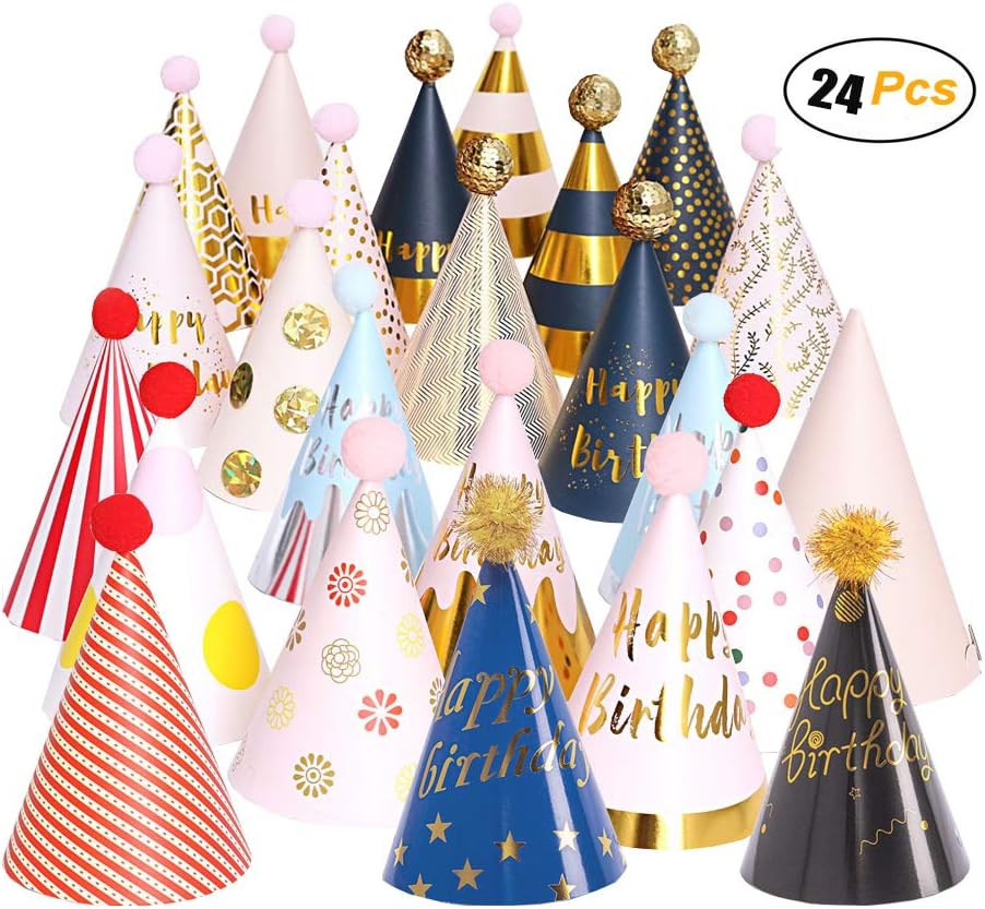 24 Pcs Simple polymer Lovely Paper Cone Party Hats with Pom Poms for Birthdays and Celebrations