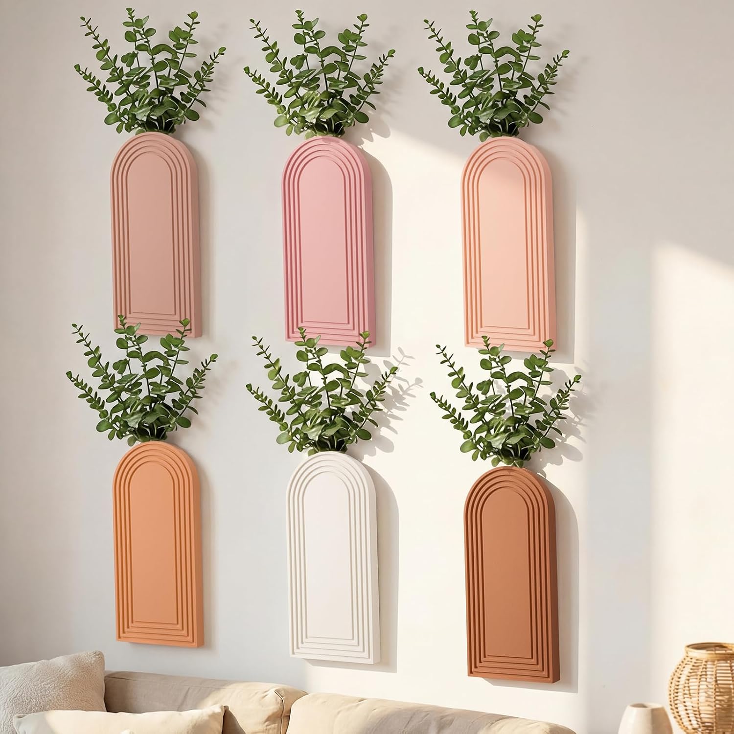 6 Pack Boho Wooden Wall Vase Hanging Wall Planters Decor Modern Farmhouse Plant Holders for Indoor Living Room Bedroom Bathroom Kitchen Home Office Decoration(Classic Colors)