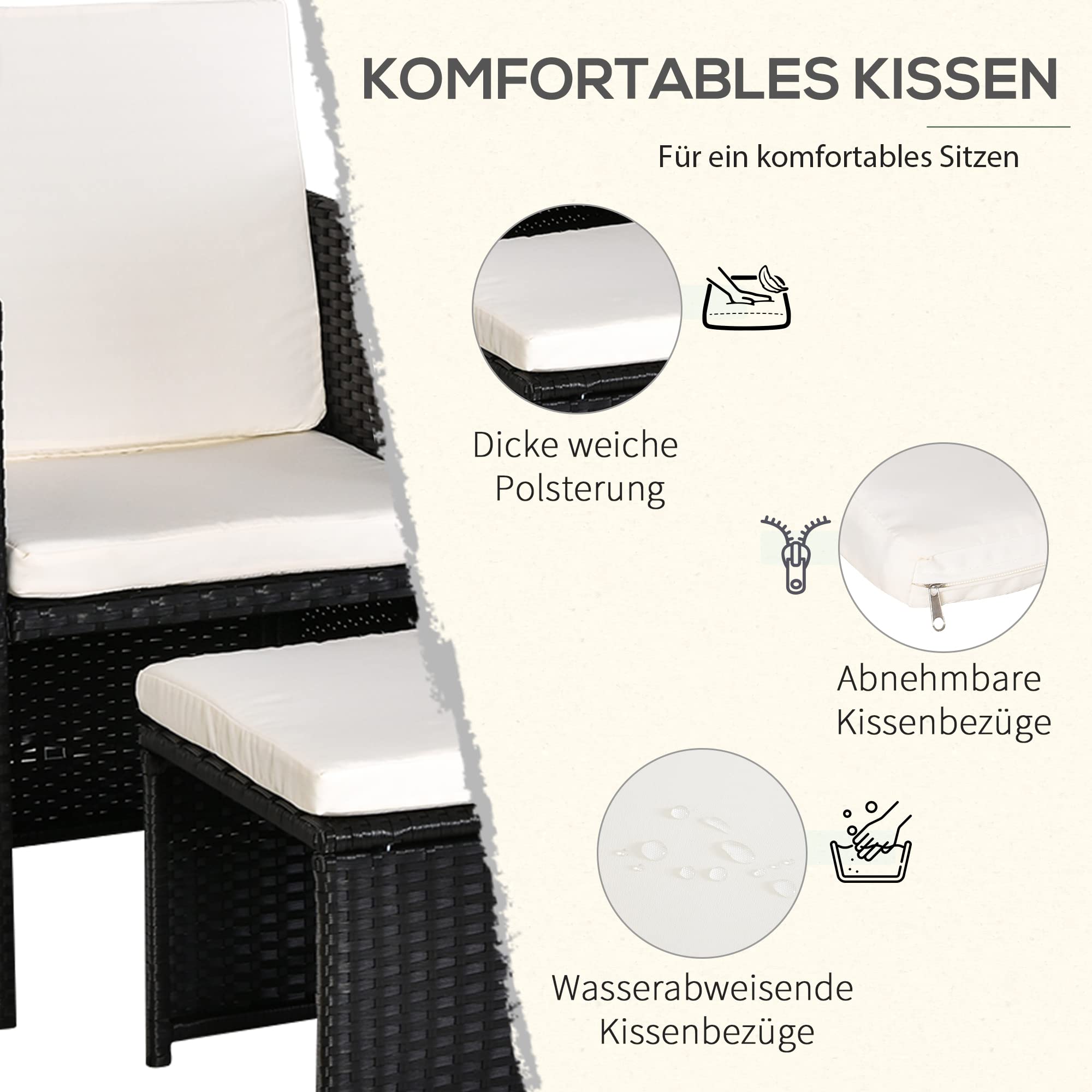 Outsunny Polyrattan Sitzgruppe Essgruppe Gartenset Garnitur 11 tlg. mit Kissen Schwarz