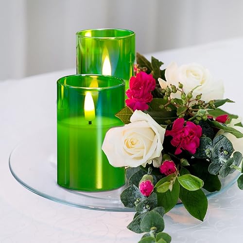 Miniatura 6 de Eywamage Velas de cristal verde sin llama con control remoto, velas de cera LED delgadas parpadeantes, velas votivas de pilar que funcionan con