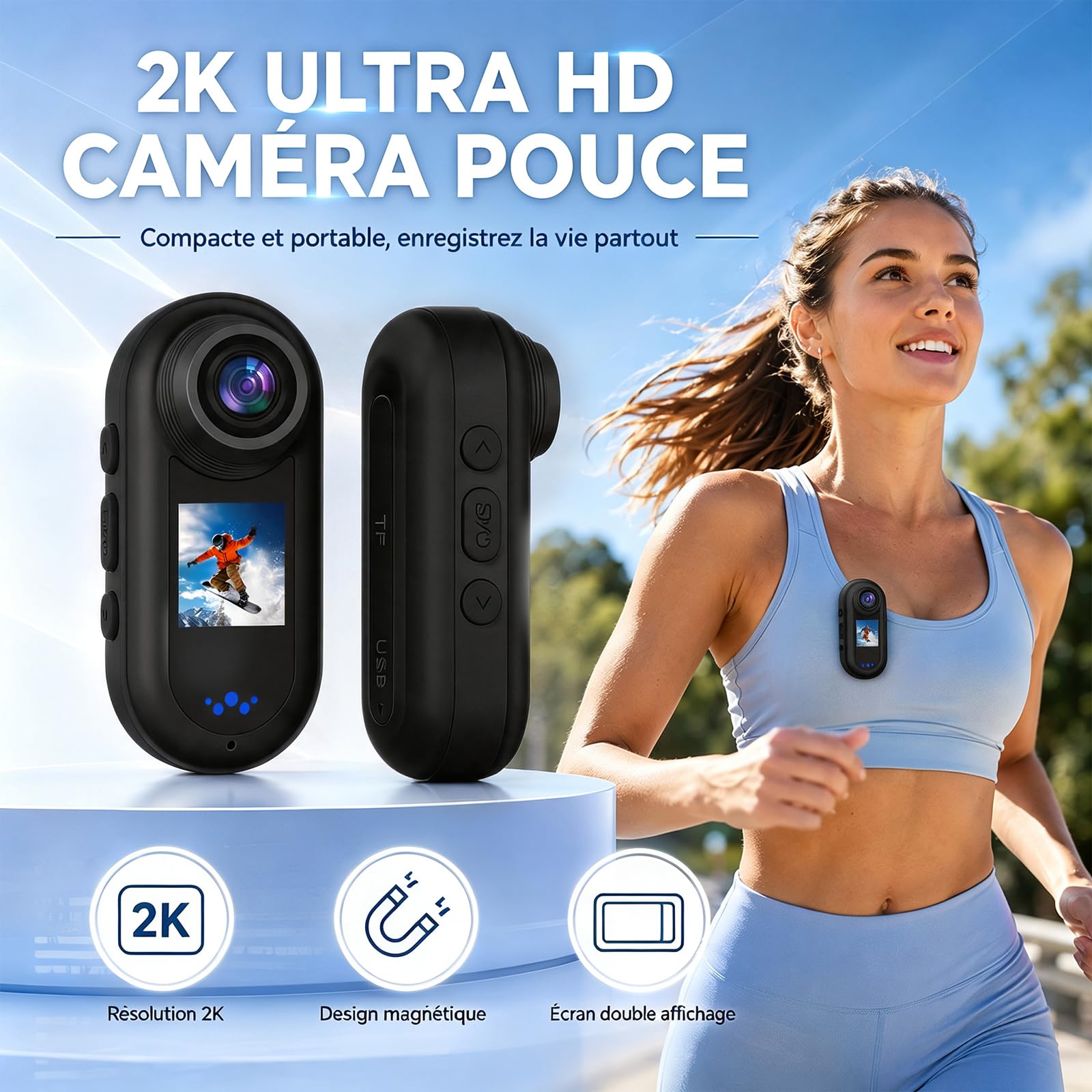 Mini caméra 2K, caméra d'action portable avec étui de charge magnétique, caméra POV au format pouce, support pour caméscope portable de qualité supérieure n'importe où pour le travail