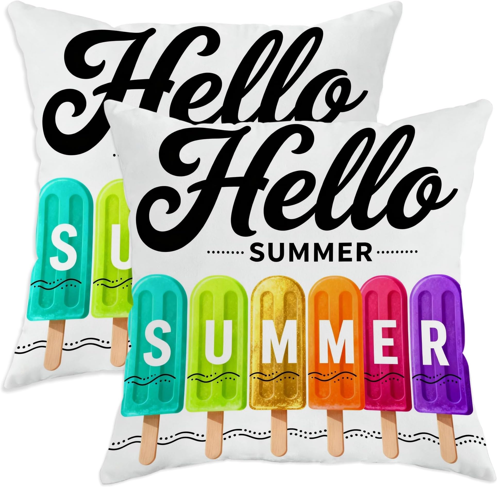 Popsicle Throw Pillow Covers Set of 2, Summer Playful Hello Summer Colorful with Hidden Zipper Pattern Pillow Covers for Living Room Bed Office Sofa Chair Decor 14x14 Inch