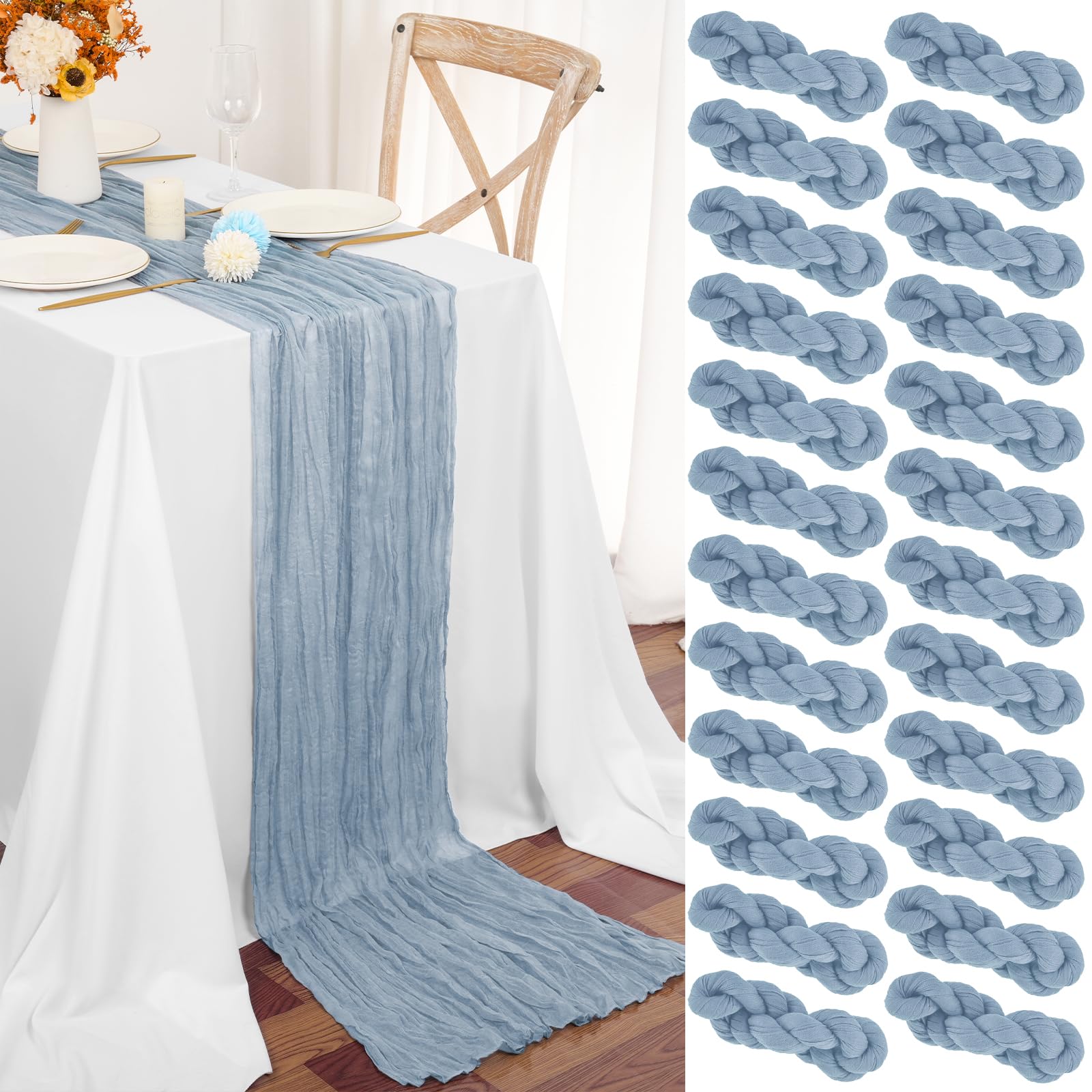 Teruntrue Confezione da 24 Runner da Tavola in Garza Blu Polveroso 45x275 cm, Tovaglie Boho in Garza per Decorazioni di Matrimoni, Feste per Bambini, Baby Shower e Compleanni