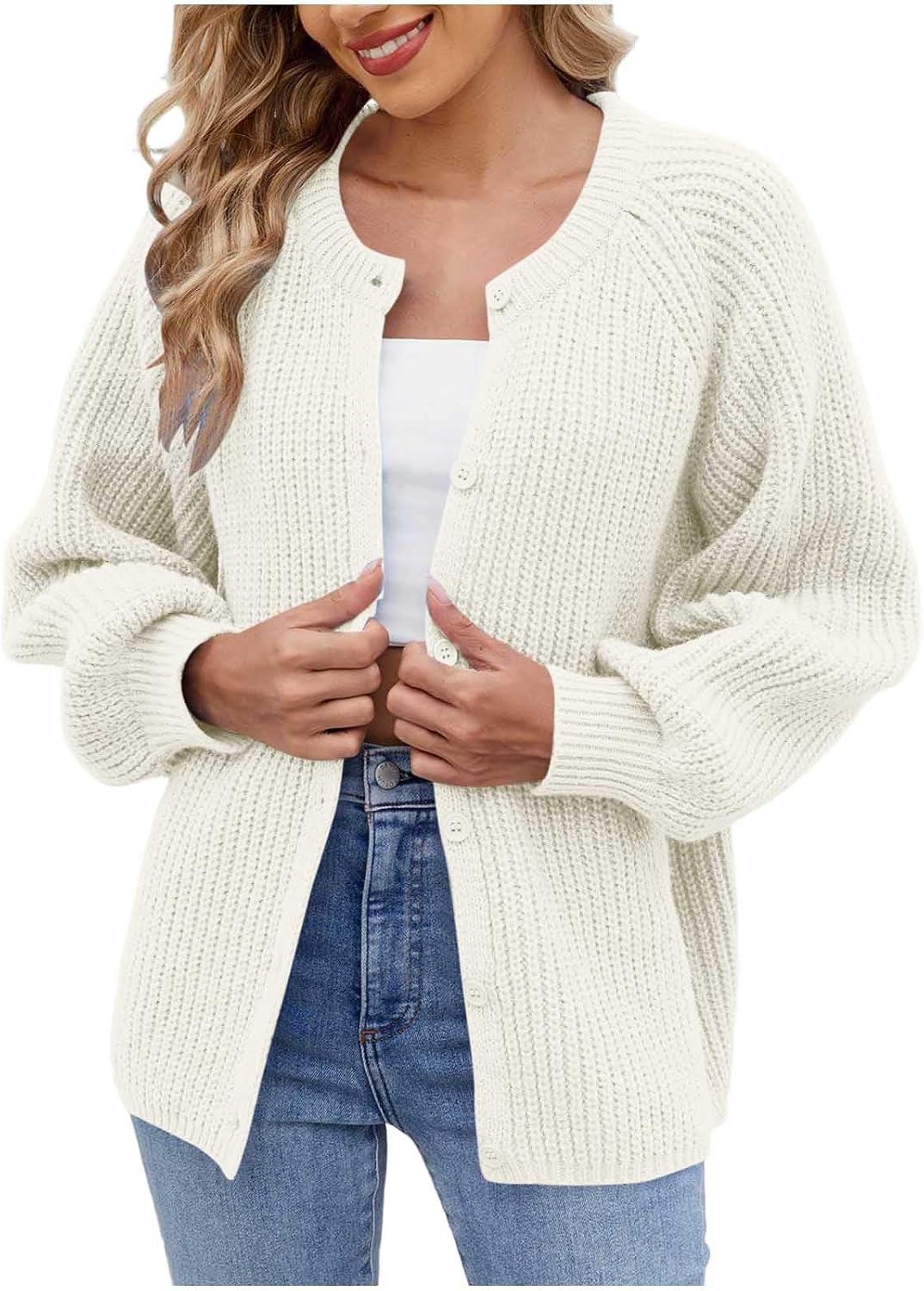Women's Button Front Knit Cardigan Round Neck Casual Loose Sweater