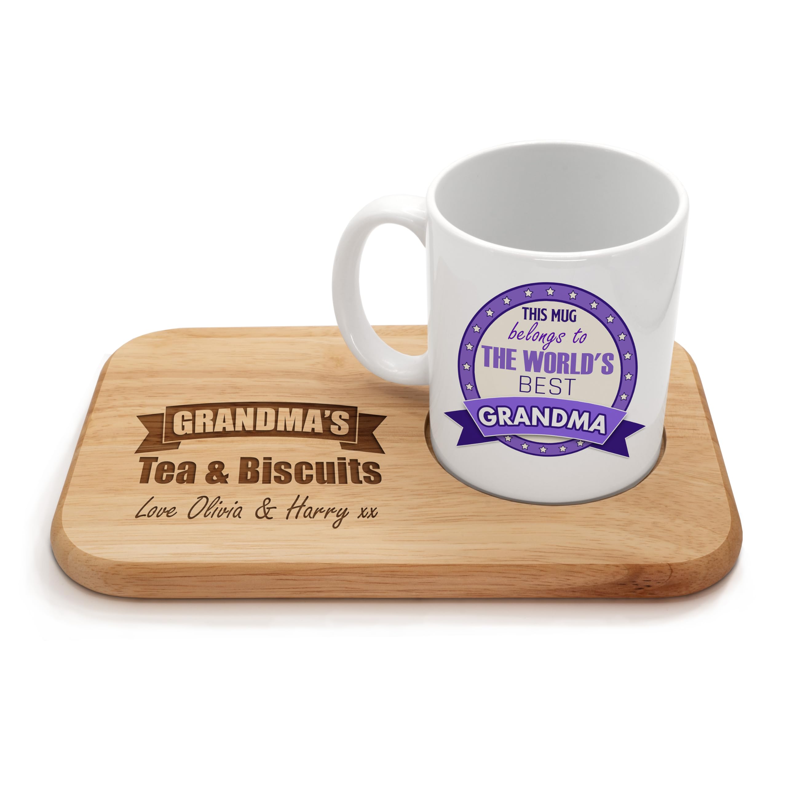 Personalised Tea & Biscuit Board Tray with 11oz Ceramic Mug. Add any Treat and Bottom Message to the Board. Worlds Best Grandma.