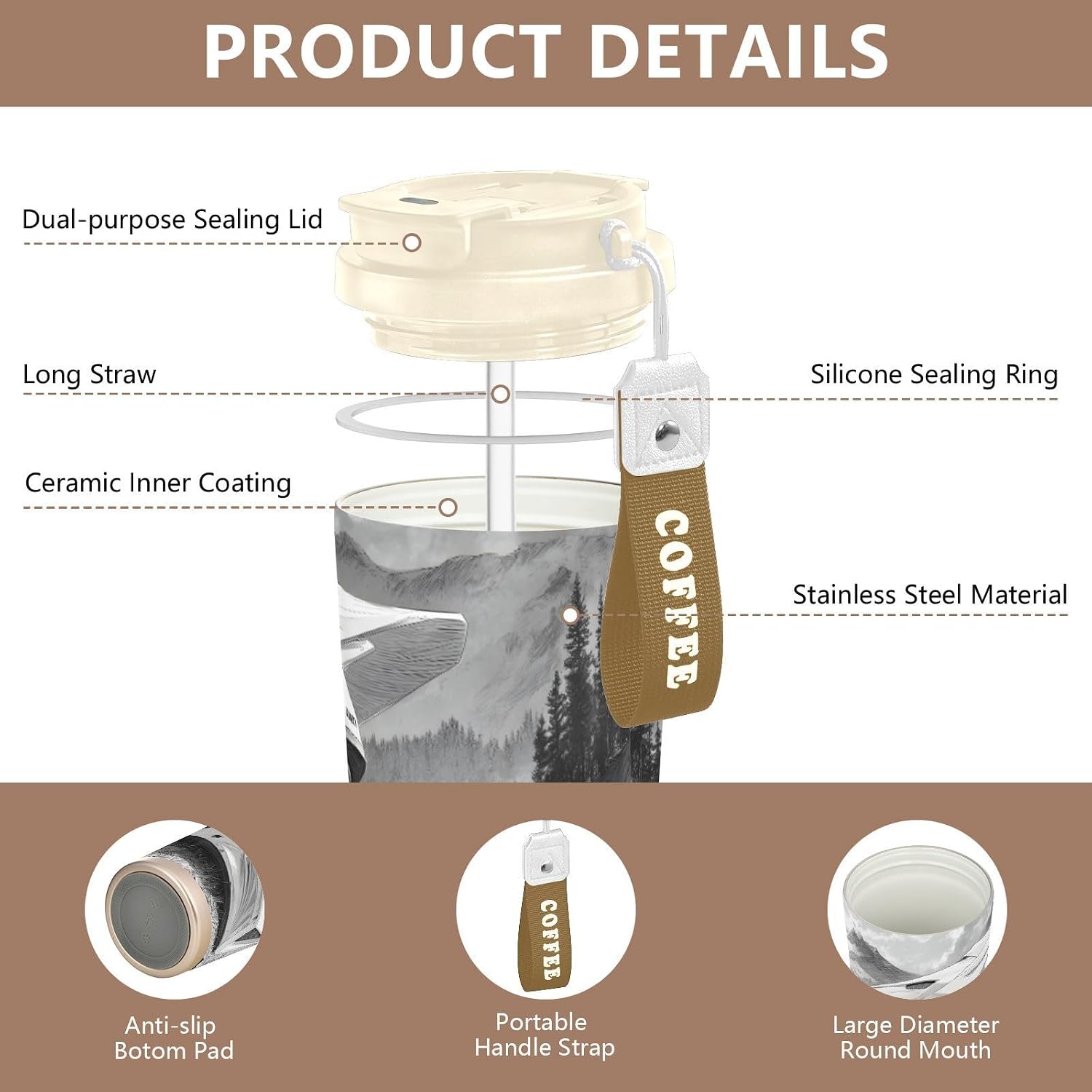 Helmet Closeup Insulated Coffee Mug with Straw & Flip Lid, 16.9oz Iced Tumbler Cup, Double Wall Vacuum Mug for Travel Office