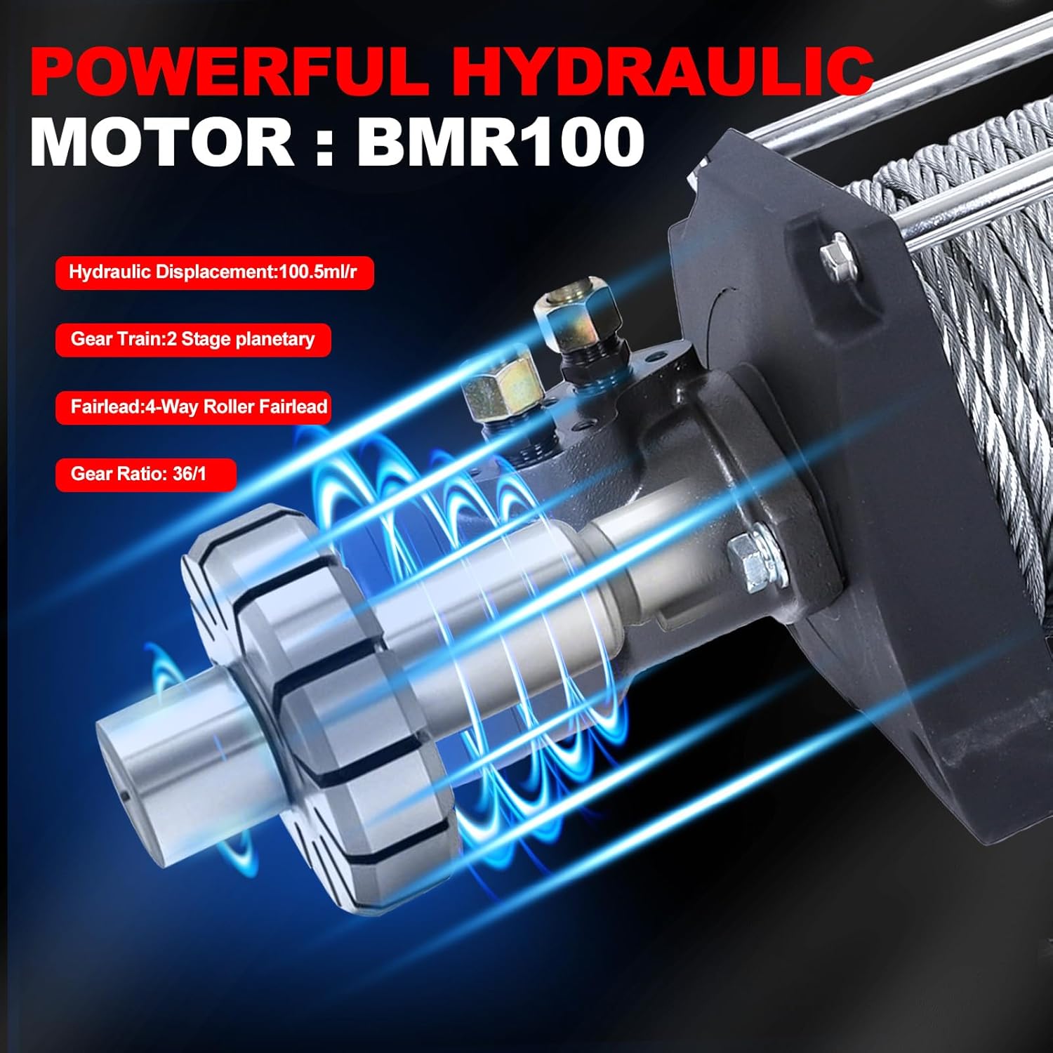 tekstap 20000LBS Hydraulic Winch,Steel Cable 1/2IN x 78FT,Gear Ratio:36/1,Hydraulic Motor:BMR100,Suitable for Vehicles with Hydraulic Stations, Off - Road Truck,Rescue Vehicles,Trailer,Fire Engines