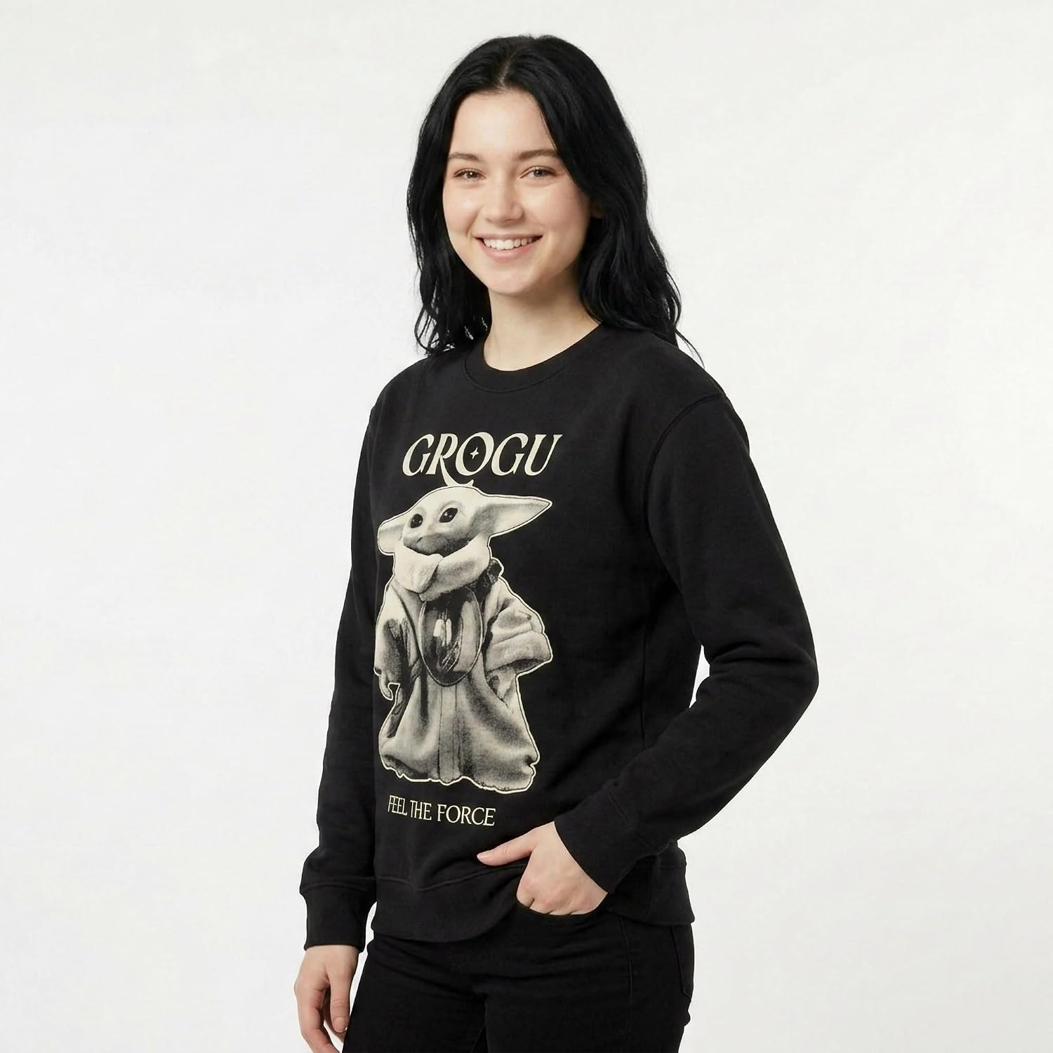 STAR WARS Women's Star Wars: the Mandalorian and Grogu Feel the Force Junior's Crewneck Sweatshirt Fleece Pullover, Xs-xxl