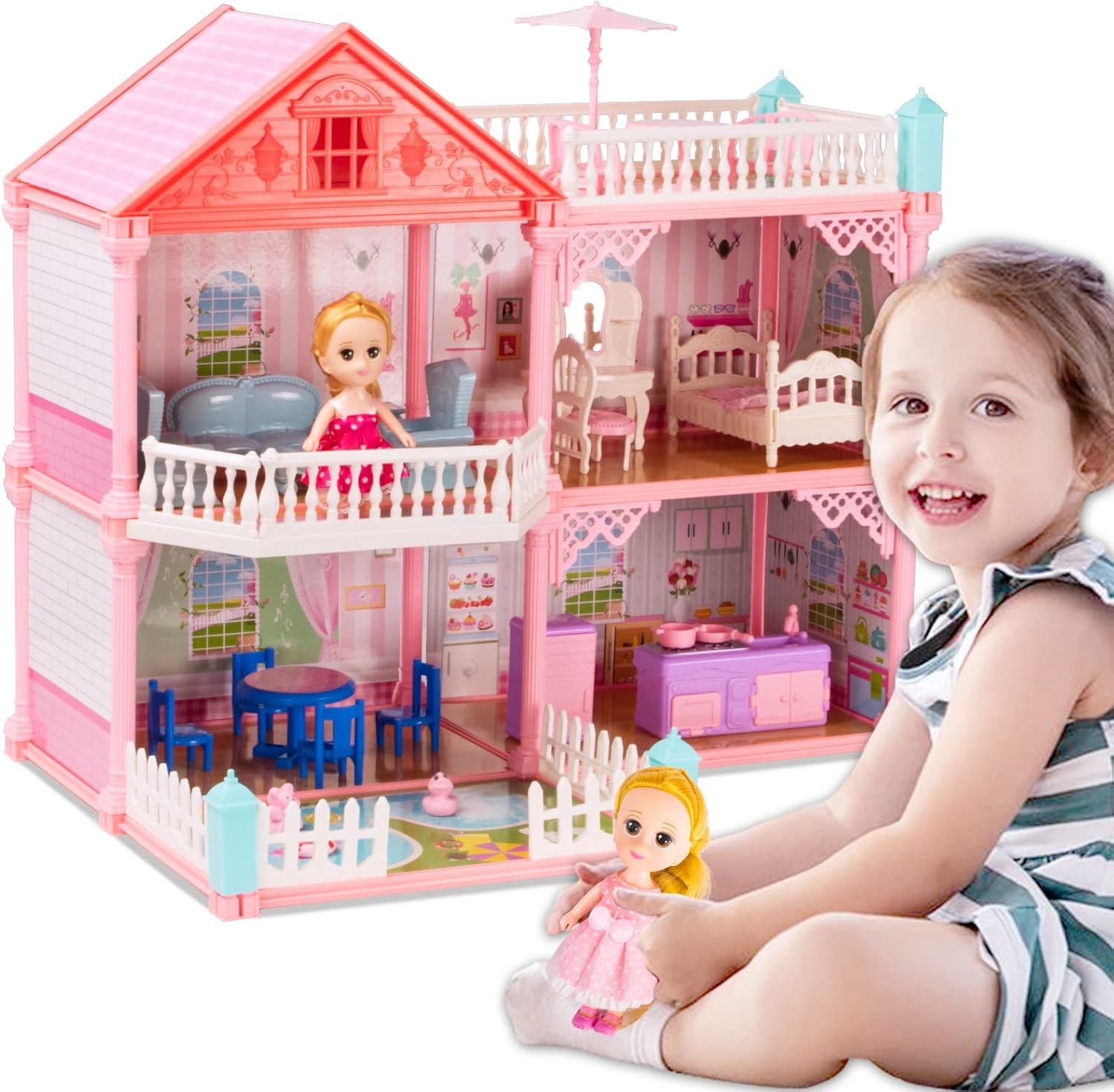 UNIH Doll House Dreamhouse for Girls, Dollhouse with Flashing Lights, 2 Dolls Toy Figures DIY Building Pretend Playhouse with Accessories and Furniture, Gift Toy for Kids Ages 3+