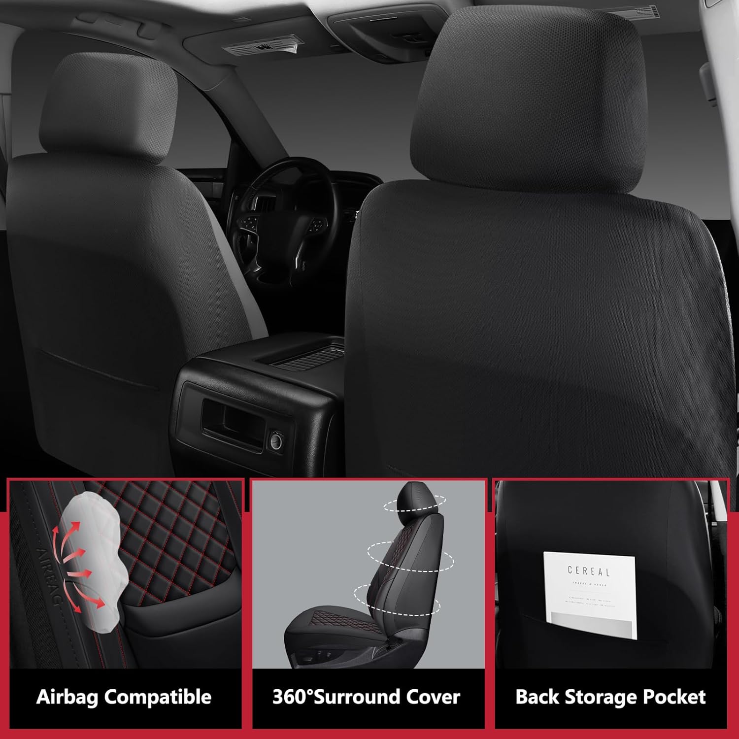Silverado Seat Covers 2007-2026 Full Set, Truck Interior Sets Custom Fit for Chevy Chevrolet Silverado GMC Sierra 1500/2500/3500HD Crew/Double/Extended Cab with Lumbar Support, Black Red
