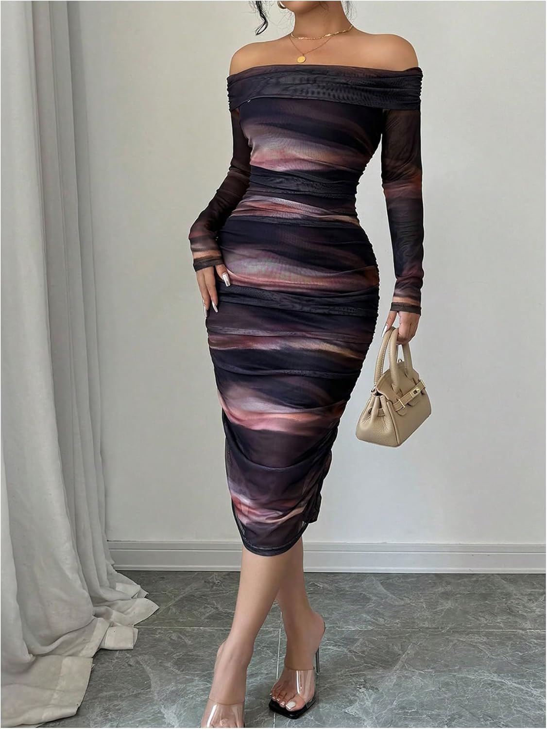 Floerns Women's Off Shoulder Ruched Bodycon Dress Tie Dye Long Sleeve Mesh Midi Dress - Image 6