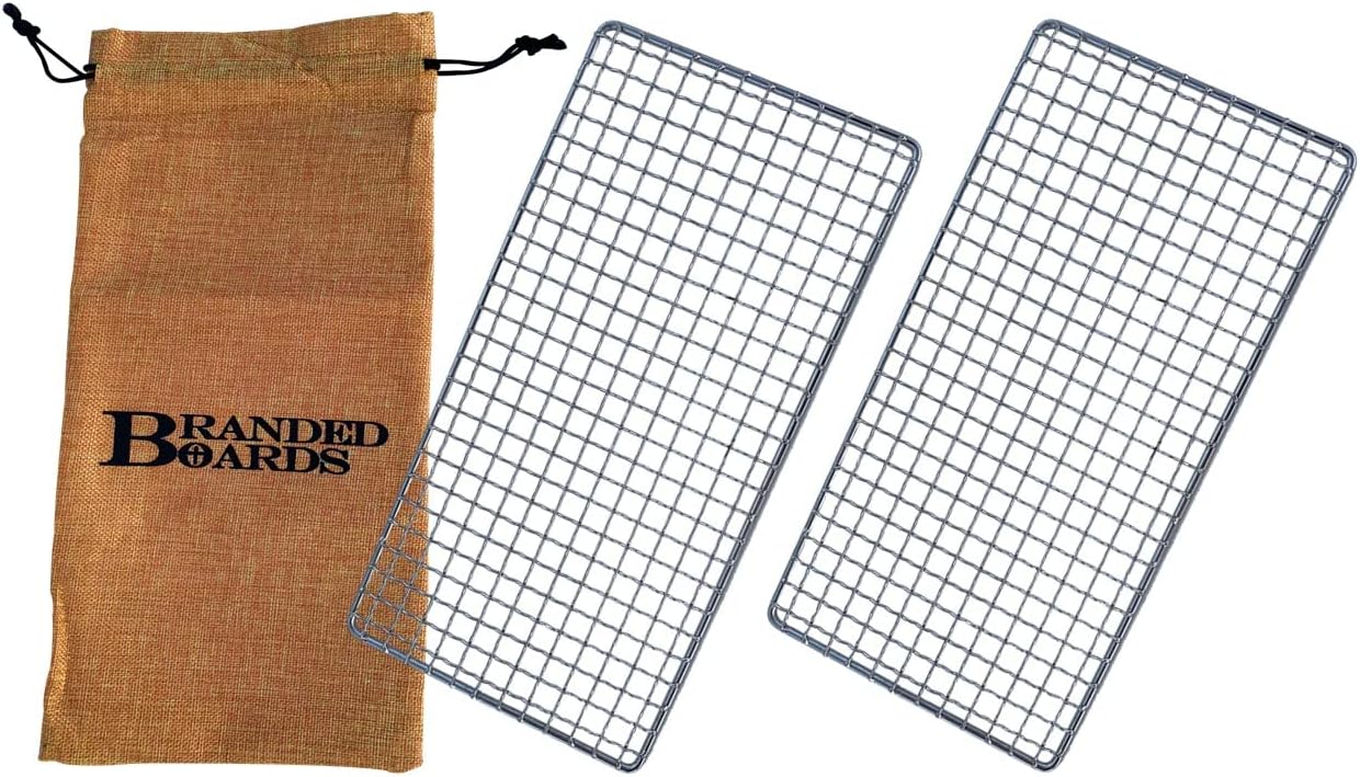 Portable Bushcraft Stainless Steel BBQ Cooking Grill Grate, Survival Bugout Fire Starter Kit, Ferro Rod, Waxed Jute Rope Tinder, Fire Scraper, Burlap Bag (Two Large Grills + Bag)