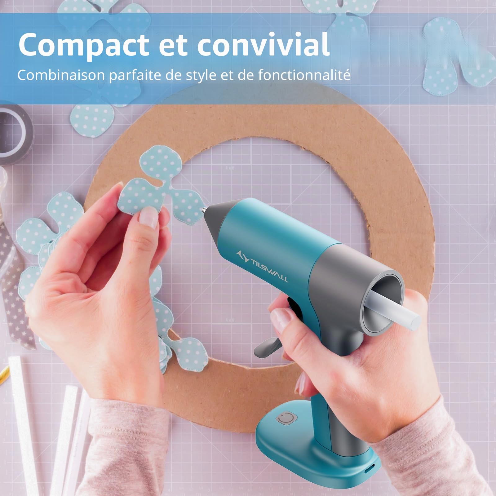 Pistolet à Colle Sans Fil Tilswall - 30s Préchauffage Rapide, Batterie 2Ah Intégrée, USB-C, Arrêt Intelligent - Idéal Bricolage, Loisirs Créatifs et Petites Réparations, Bleu