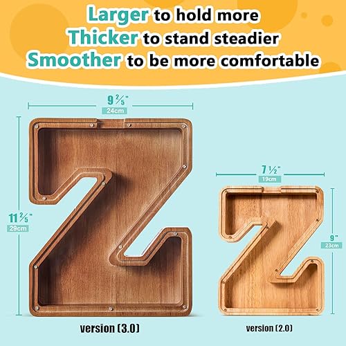 Miniatura 47 de SummiDate Alcancía de madera con nombre, niños y niñas, tamaño grande, letras alfabeto A-Z, monedas y billetes, inicial en cubierta transparente