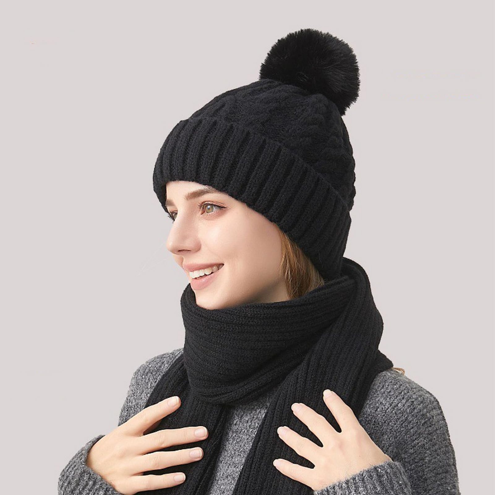 Lifup Conjunto Térmico 4 en 1, Gorro con Pompón, Bufanda Larga, Guantes y Calcetines de Lana, Set Mujer para Exterior y Uso Diario