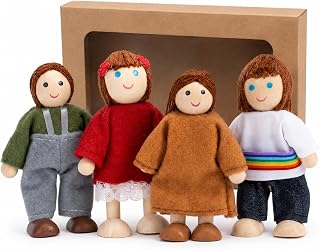 Wooden Dollhouse Figures 4 Pcs Sibling Set for Toddlers 3-5 | Montessori Storytelling Toys, Open-Ended Pretend Play Accessories, Gift Box