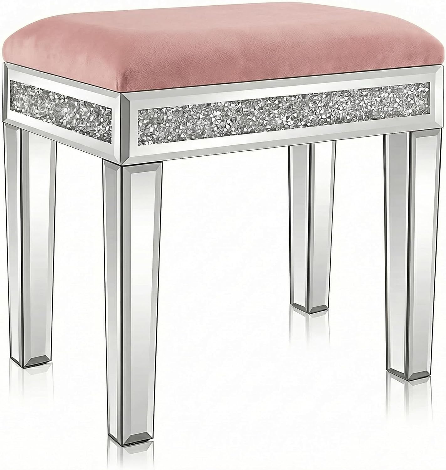 Vanity Stool with Storage – Mirrored Legs, Velvet Cushioned Ottoman, Hidden Compartment, Sparkling Diamond Trim, Glam Makeup Chair & Piano Bench - Silver & Dusty Pink