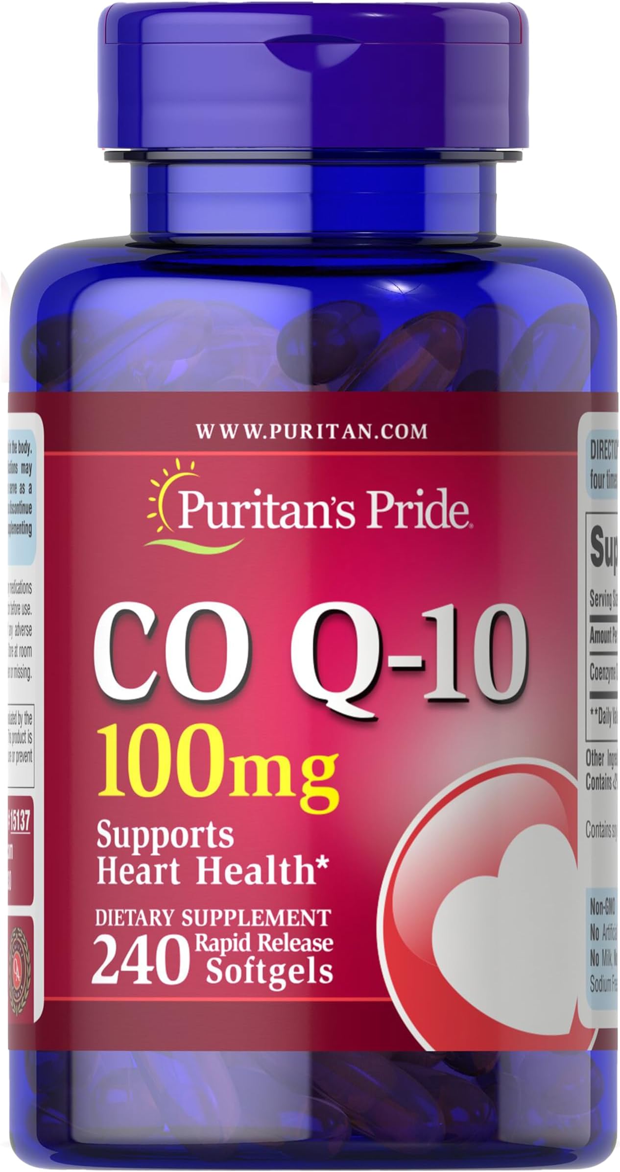 Puritan's Pride Coenzyme CoQ10 100mg, Dietary Supplement for Heart Health, Blood Pressure, Oral Gum Health, and Healthy Aging Support, 60 Day Supply, 240 Rapid Release Softgels