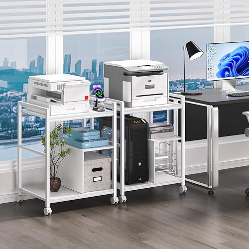 Miniatura 5 de Lerliuo Soporte de impresora con estación de carga y puertos USB, mesa de impresora móvil grande de 3 niveles con estante de almacenamiento, carrito