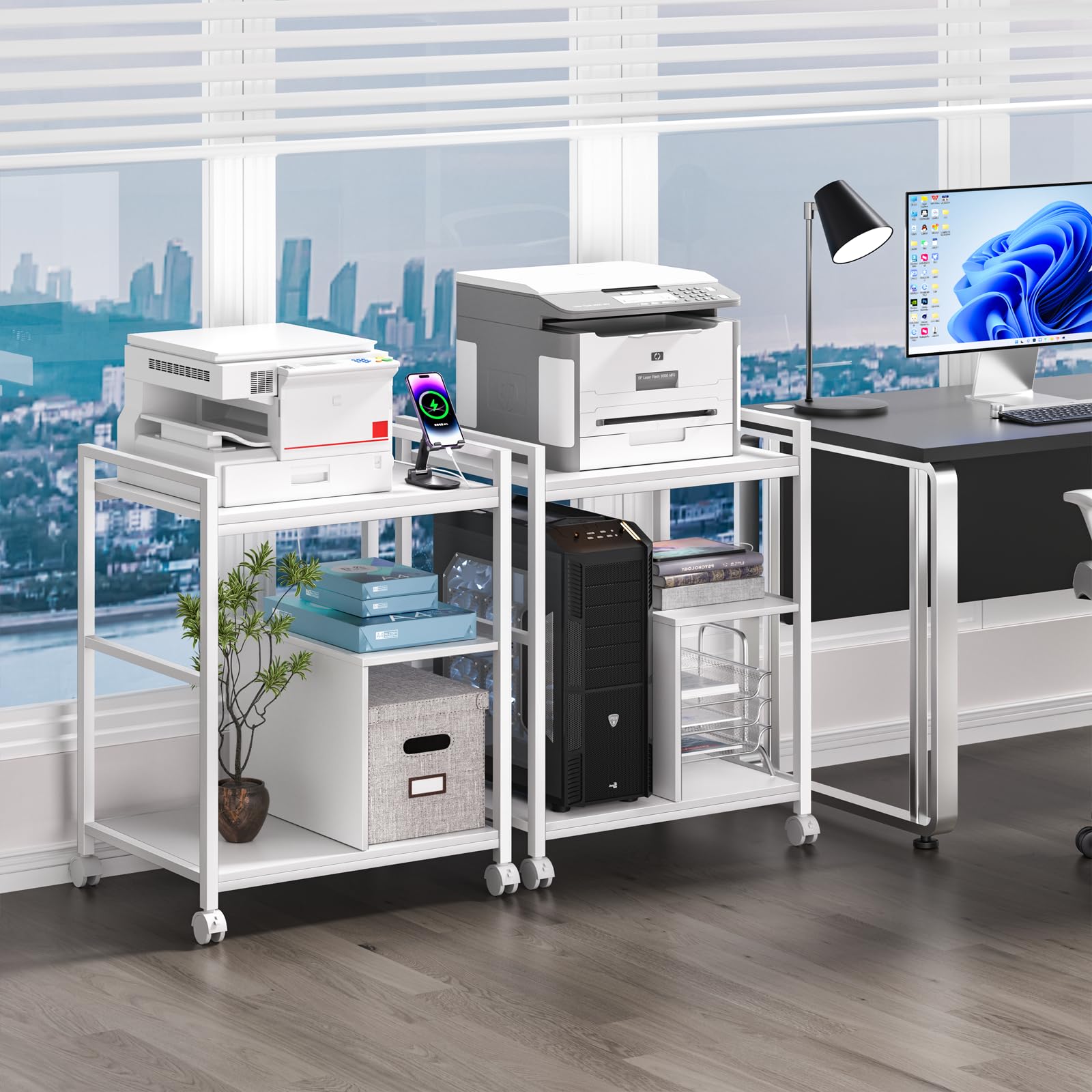 Lerliuo Supporto per stampante con stazione di ricarica e porte USB, grande tavolo per stampante mobile a 3 livelli con ripiano portaoggetti, carrello per stampante industriale con ruote bloccabili