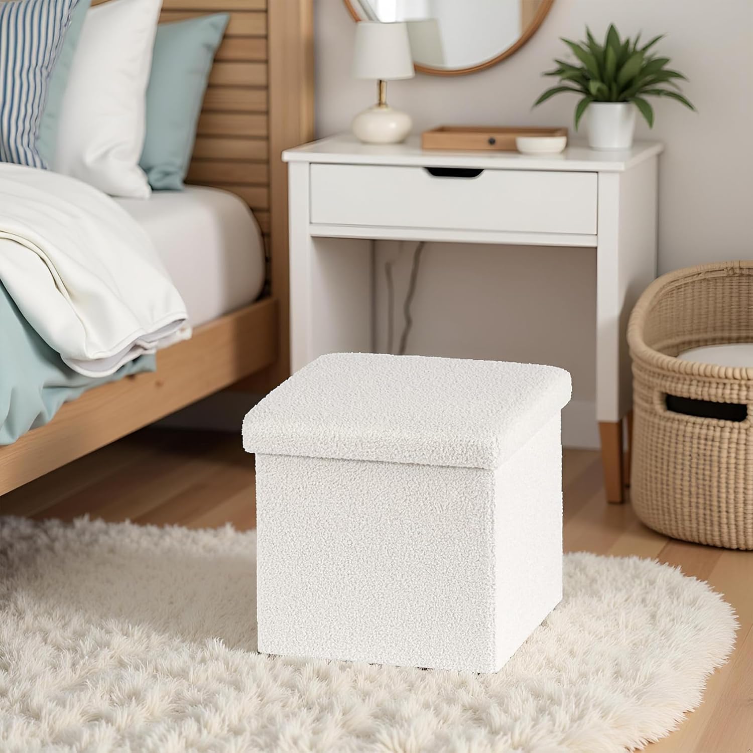 15 Inches Small Storage Ottoman - Square Ottoman with Sherpa Top,Storage Bench for Bedroom,15" L x 15" W x 15" H-White - Image 5