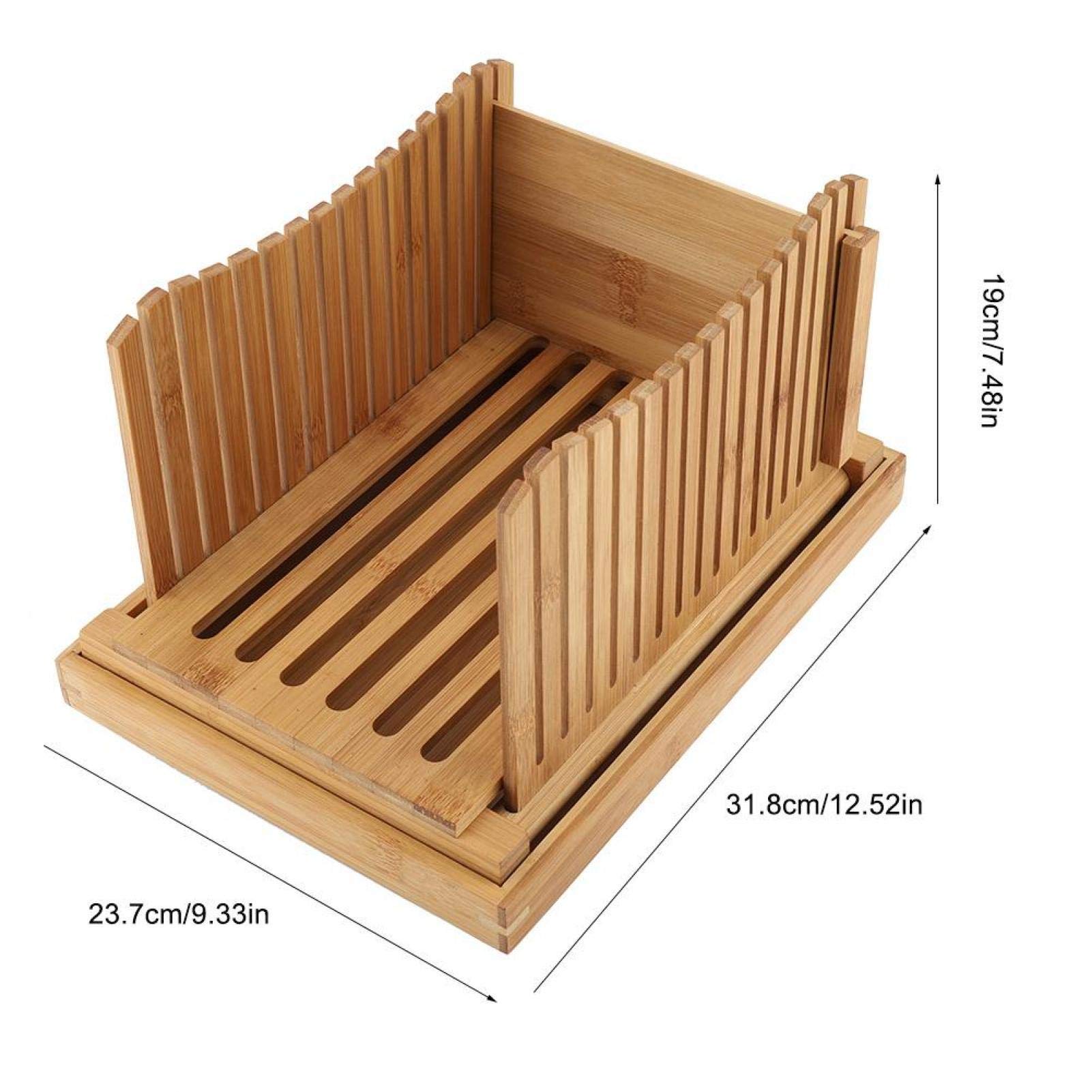 Cortador de pan de bambú con recogedor de migas, guía de corte plegable y compacta para tostadas, pasteles, bagels, sándwich, ideal para entusiastas de la cocina y la repostería