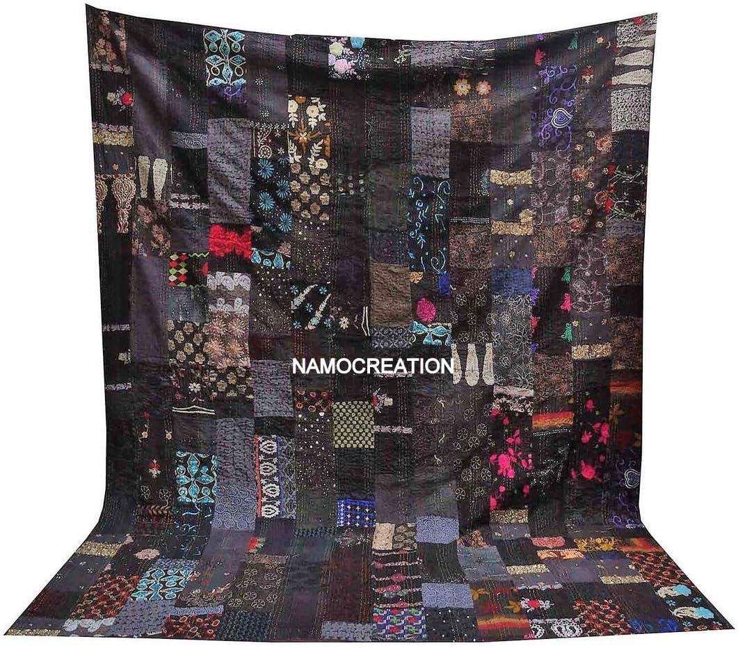 Embroidery Assorted Patchwork Kantha Quilt Reversible Bedspread Bed Cover Decor Throw Blanket California KingQueenTwin (60X90 Inches), Black,