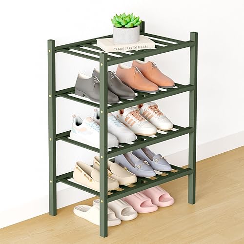 Miniatura 5 de Smiry Zapatero de bambú para clóset, organizador de zapatos apilable de 4 niveles largo de madera, estante de almacenamiento de zapatos Negro