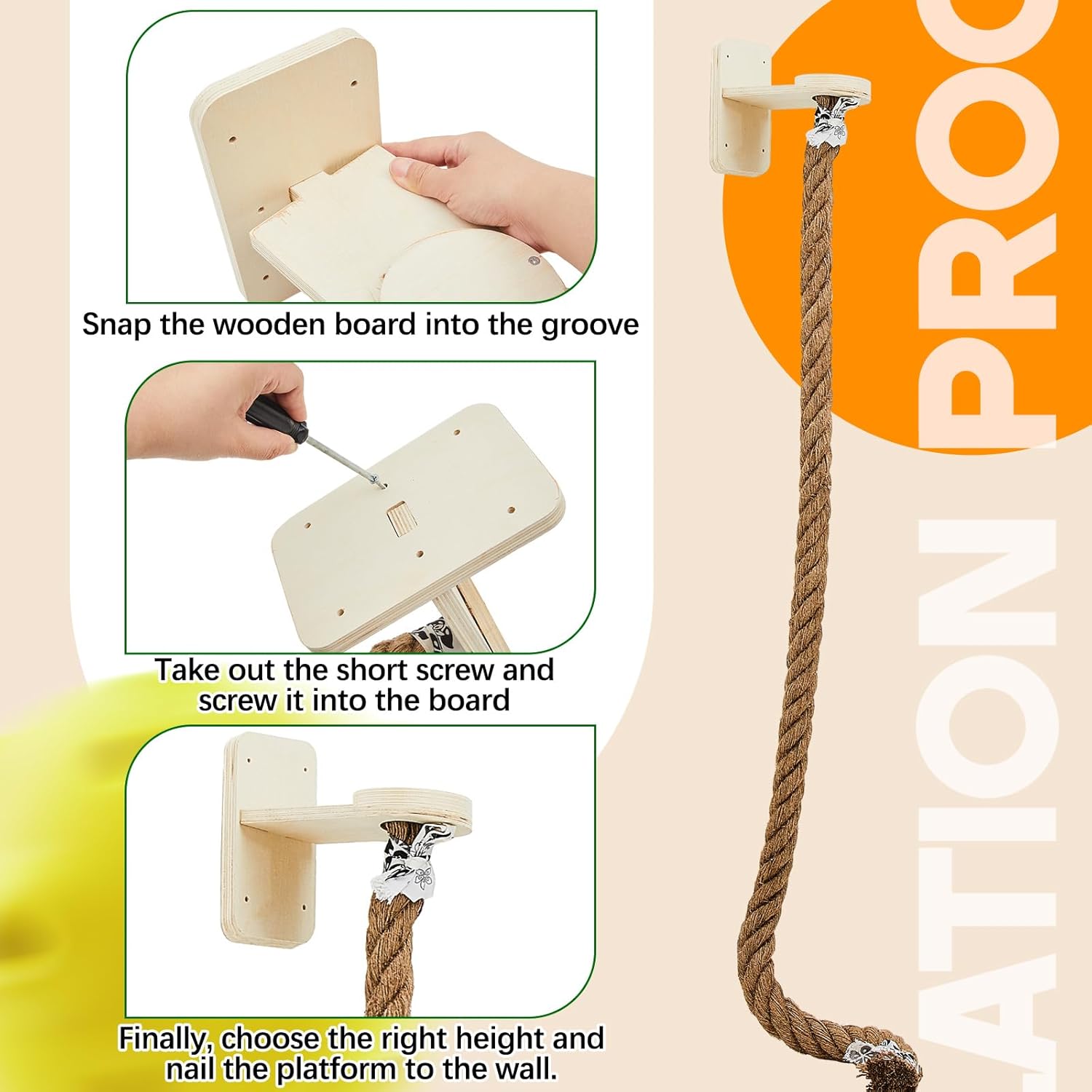 Weysat Cat Tree with 2 x 59.1 Inch Climbing Rope Wall Mounted Cat Climbing Tower Toy with Scratching Post Kitten Rope Ladder with Jumping Platform Wall Steps for Playing and Rest(Wood,Classic)