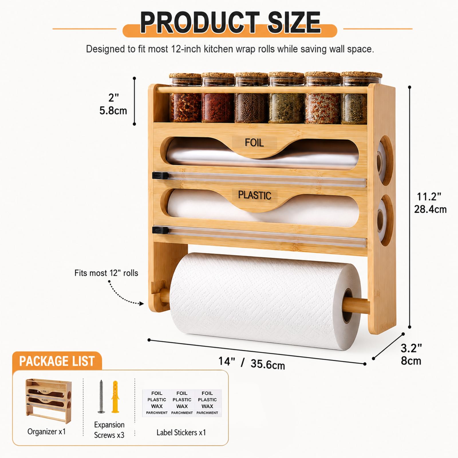 Distributeur de film avec cutter, porte-rouleau de cuisine mural en bois